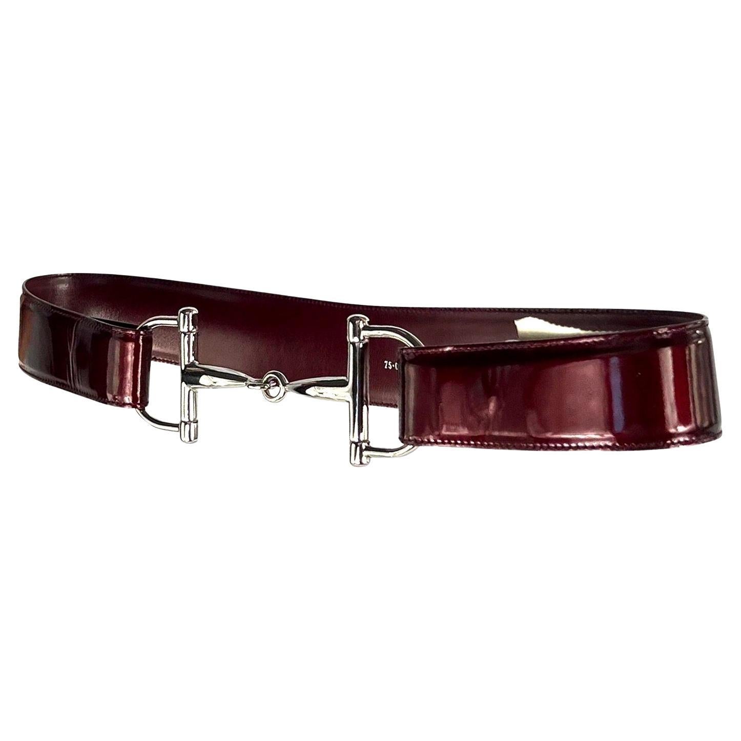 F/W 1995 Gucci by Tom Ford Medium Silver Horsebit Burgundy Patent Leather Belt 1