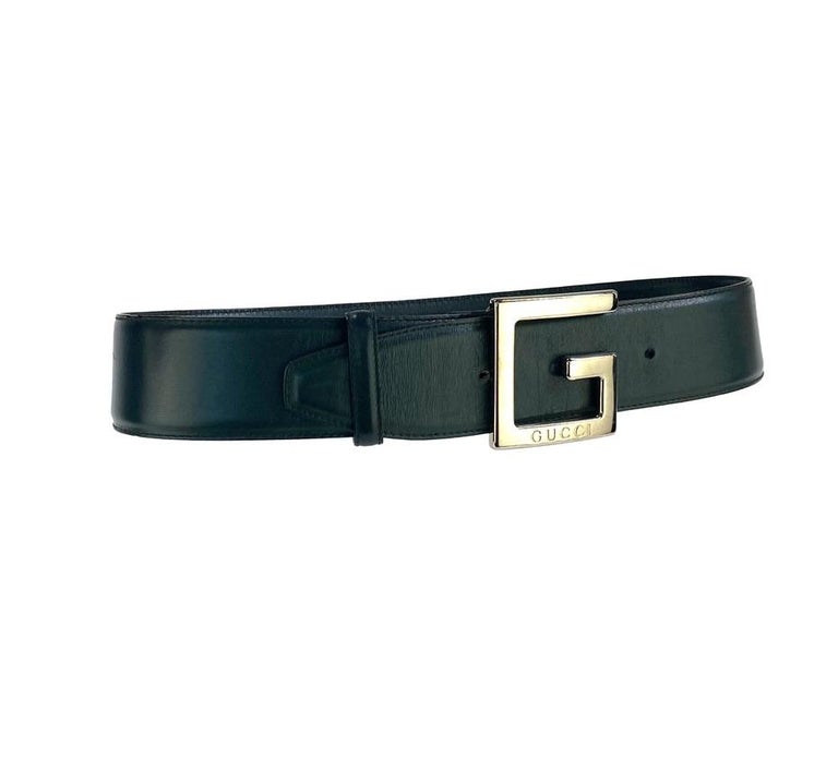 Black F/W 1995 Gucci by Tom Ford Oversized G Logo Buckle Dark Green Leather Belt For Sale