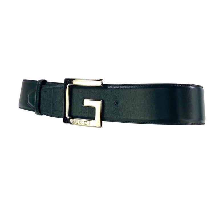 F/W 1995 Gucci by Tom Ford Oversized G Logo Buckle Dark Green Leather Belt For Sale 2