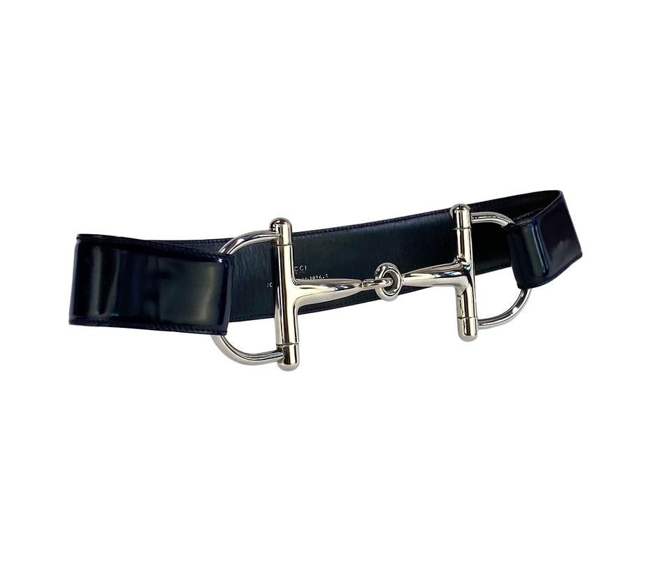 F/W 1995 Gucci by Tom Ford Oversized Silver Horsebit Buckle Navy Patent Leather  In Excellent Condition In West Hollywood, CA