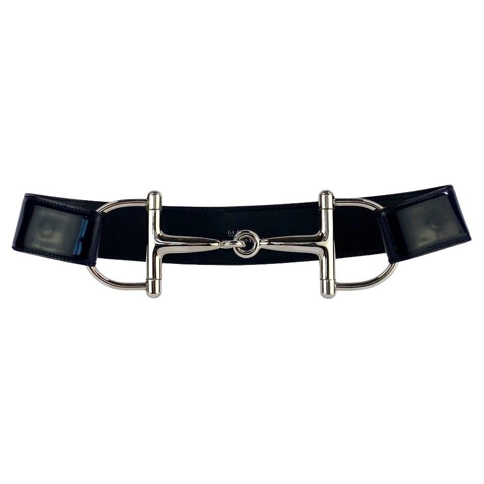 F/W 1995 Gucci by Tom Ford Oversized Silver Horsebit Buckle Navy Patent Leather 