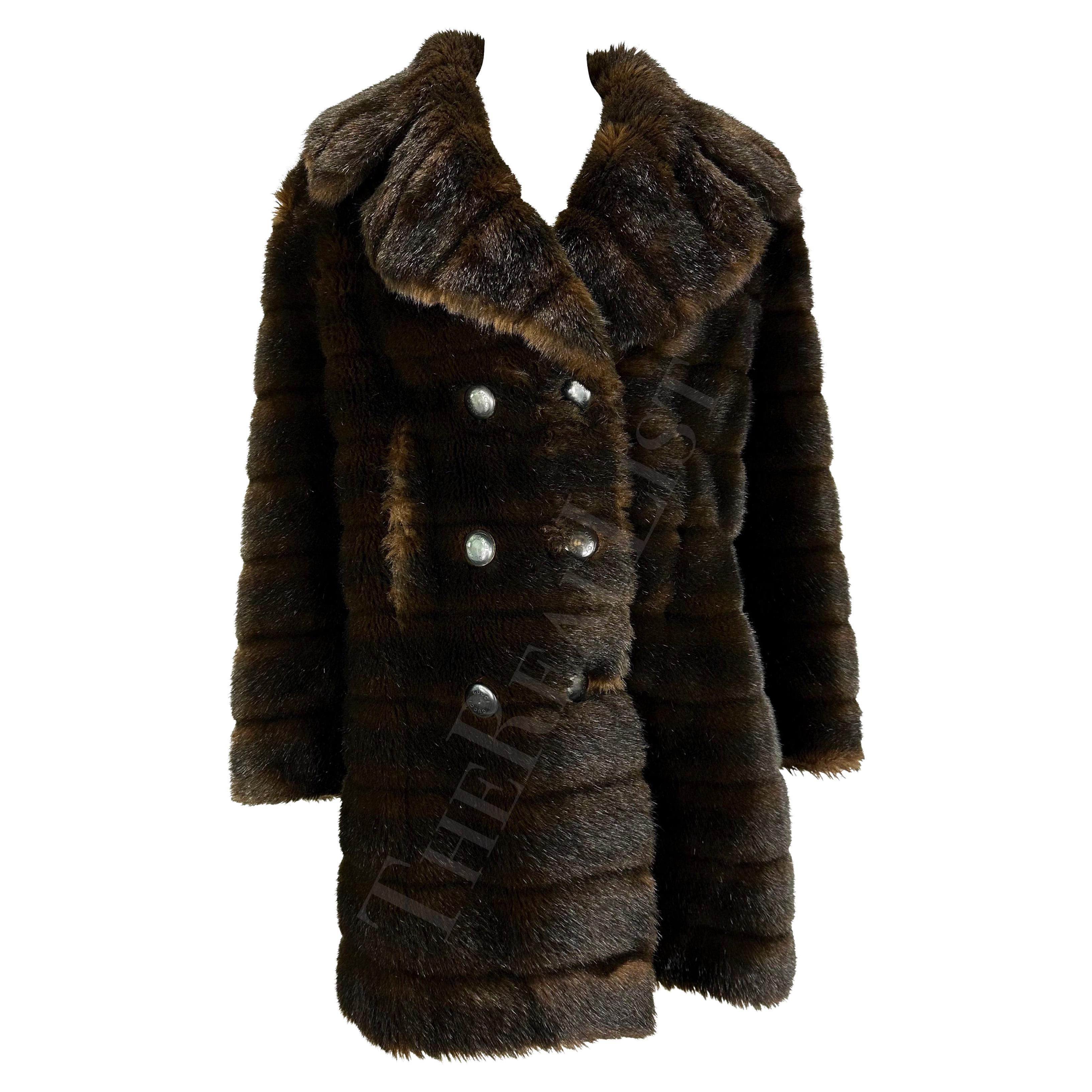 F/W 1995 Gucci by Tom Ford Runway Brown Faux Fur Mink Double Breasted Coat For Sale