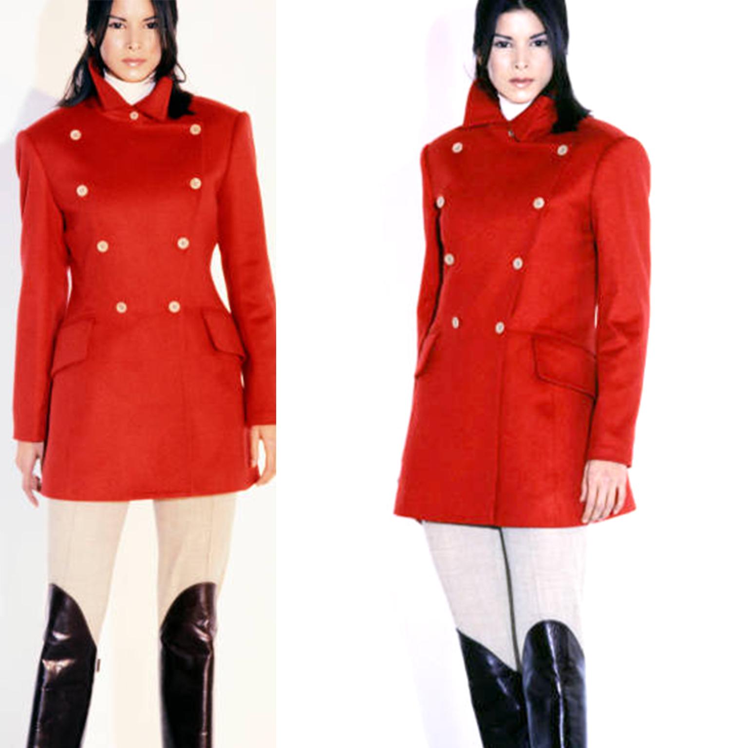 This gorgeous vintage Isaac Mizrahi red wool double breasted jacket was part of the Isaac Mizrahi Fall Winter 1995 collection. It was during this time that Mizrahi was being financially supported by Chanel and the materials and fabrics he used were