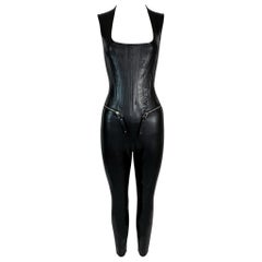 Vintage F/W 1995 Jean Paul Gaultier Black Dominatrix Vinyl Corset Catsuit Jumpsuit