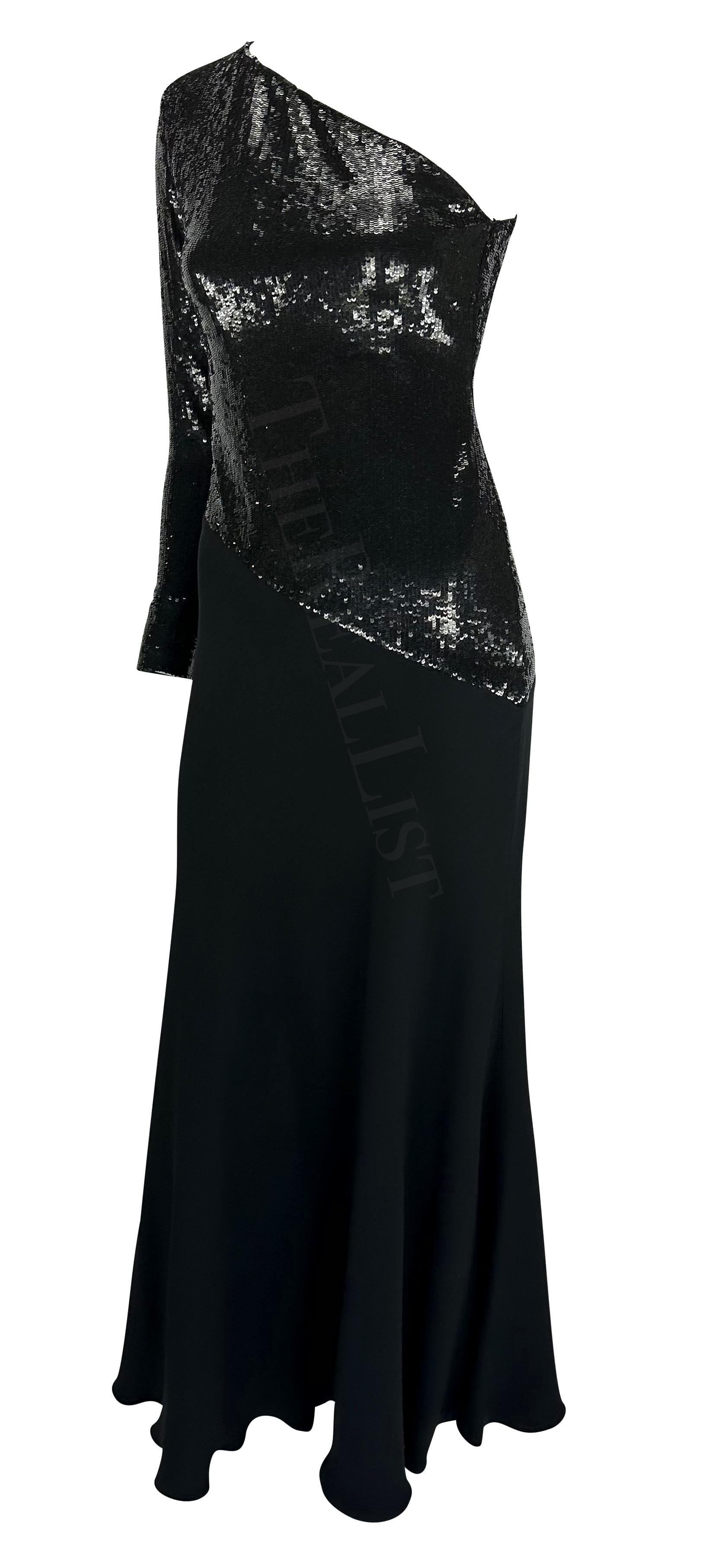 F/W 1995 Ralph Lauren Runway Stretch Sequin Asymmetric Black Flare Evening Gown For Sale 4
