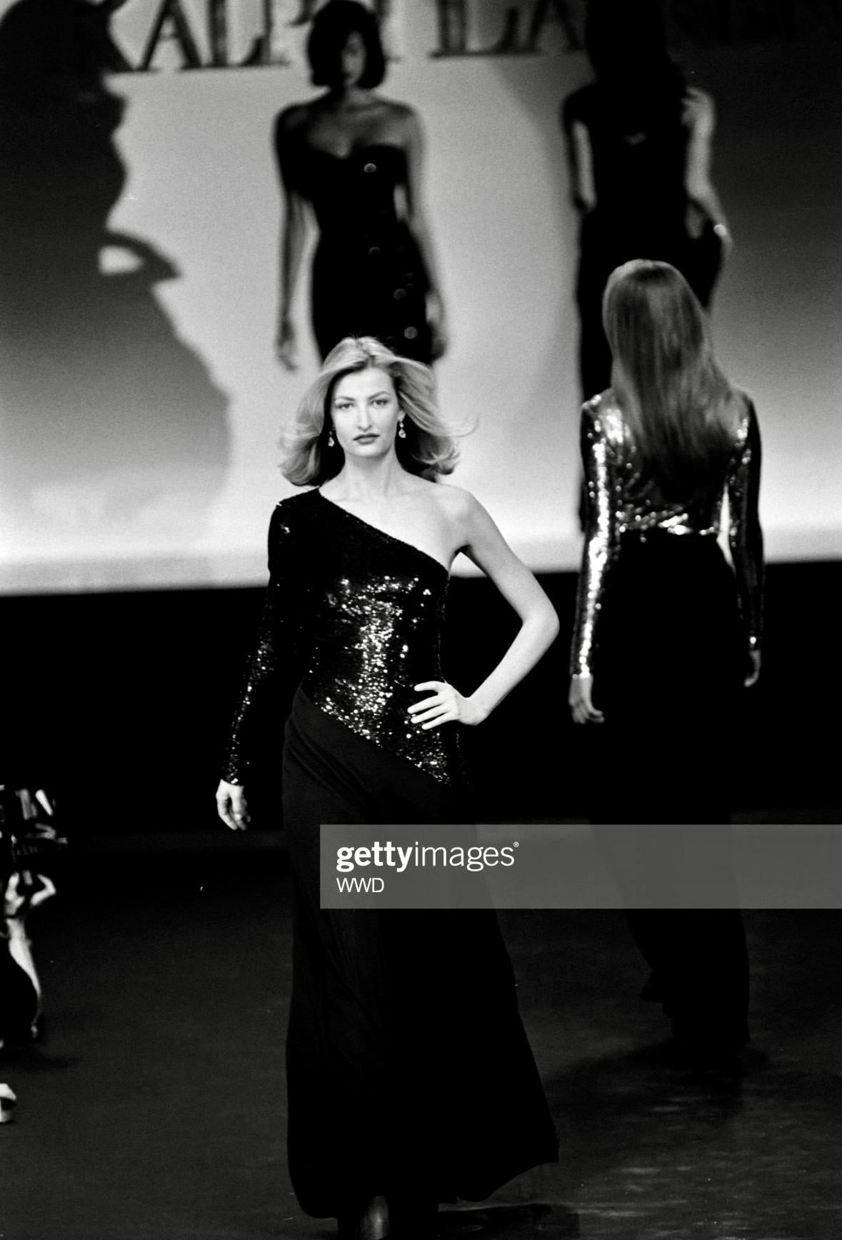 F/W 1995 Ralph Lauren Runway Stretch Sequin Asymmetric Black Flare Evening Gown For Sale 6