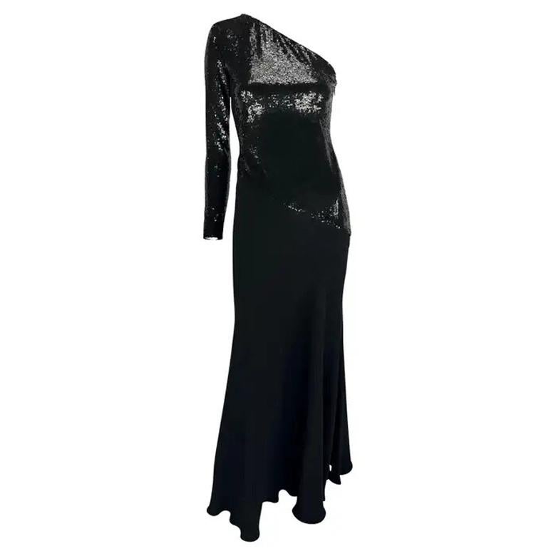 F/W 1995 Ralph Lauren Runway Stretch Sequin Asymmetric Black Flare Evening Gown For Sale