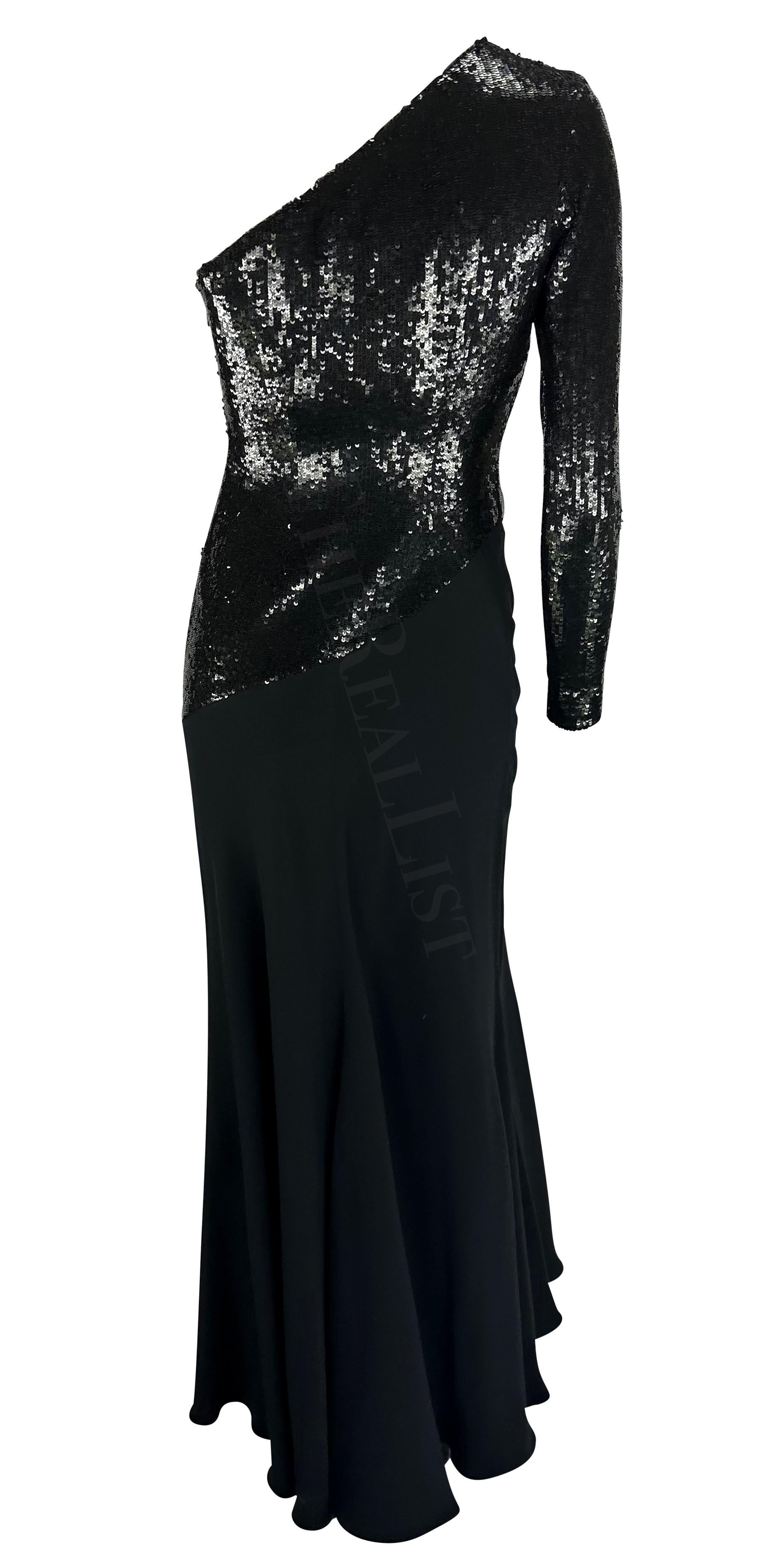 F/W 1995 Ralph Lauren Runway Stretch Sequin Asymmetric Black Flare Evening Gown For Sale 1
