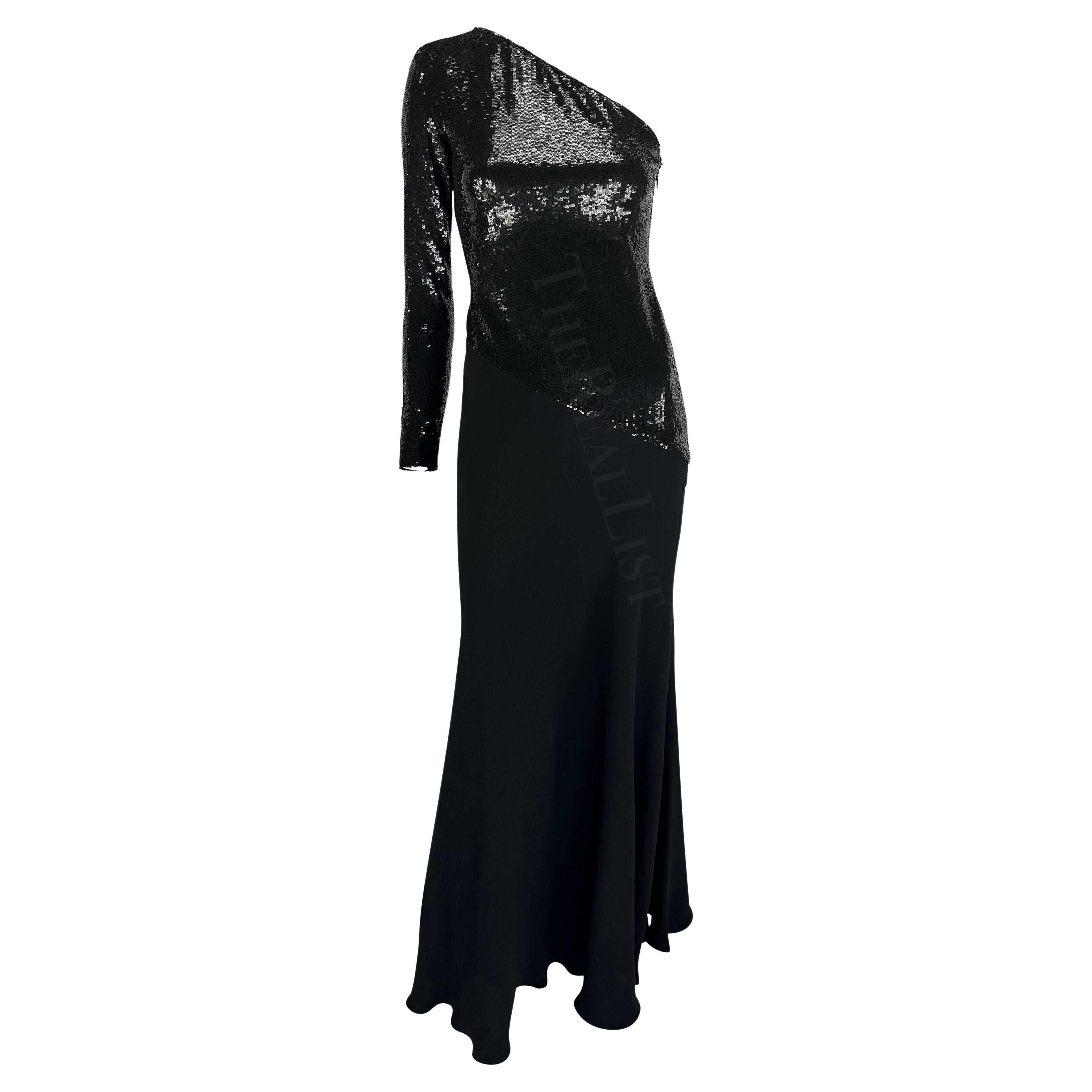 F/W 1995 Ralph Lauren Runway Stretch Sequin Asymmetric Black Flare Evening Gown For Sale
