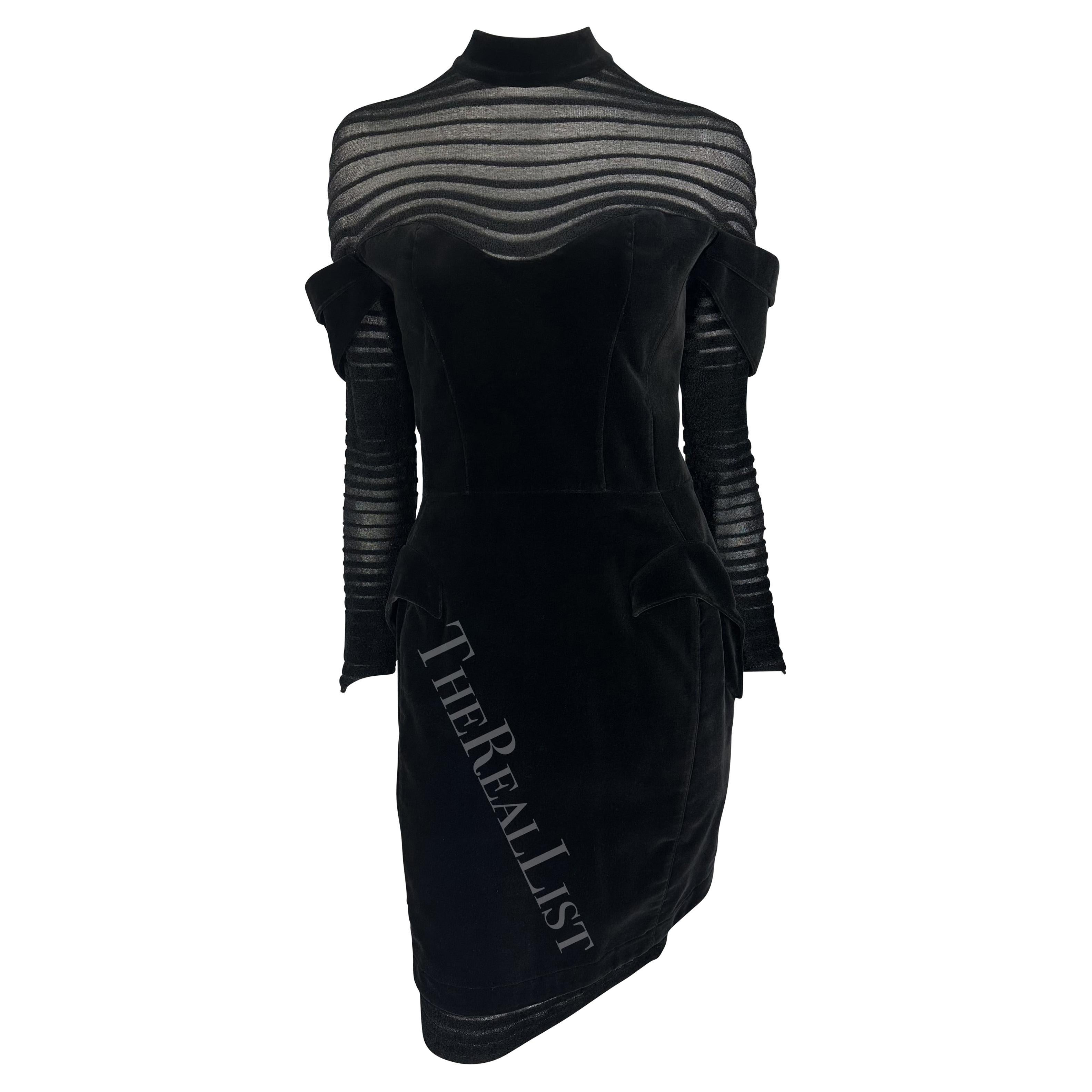 F/W 1995 Thierry Mugler Couture Runway Sheer Striped Velvet Sculptural Dress For Sale