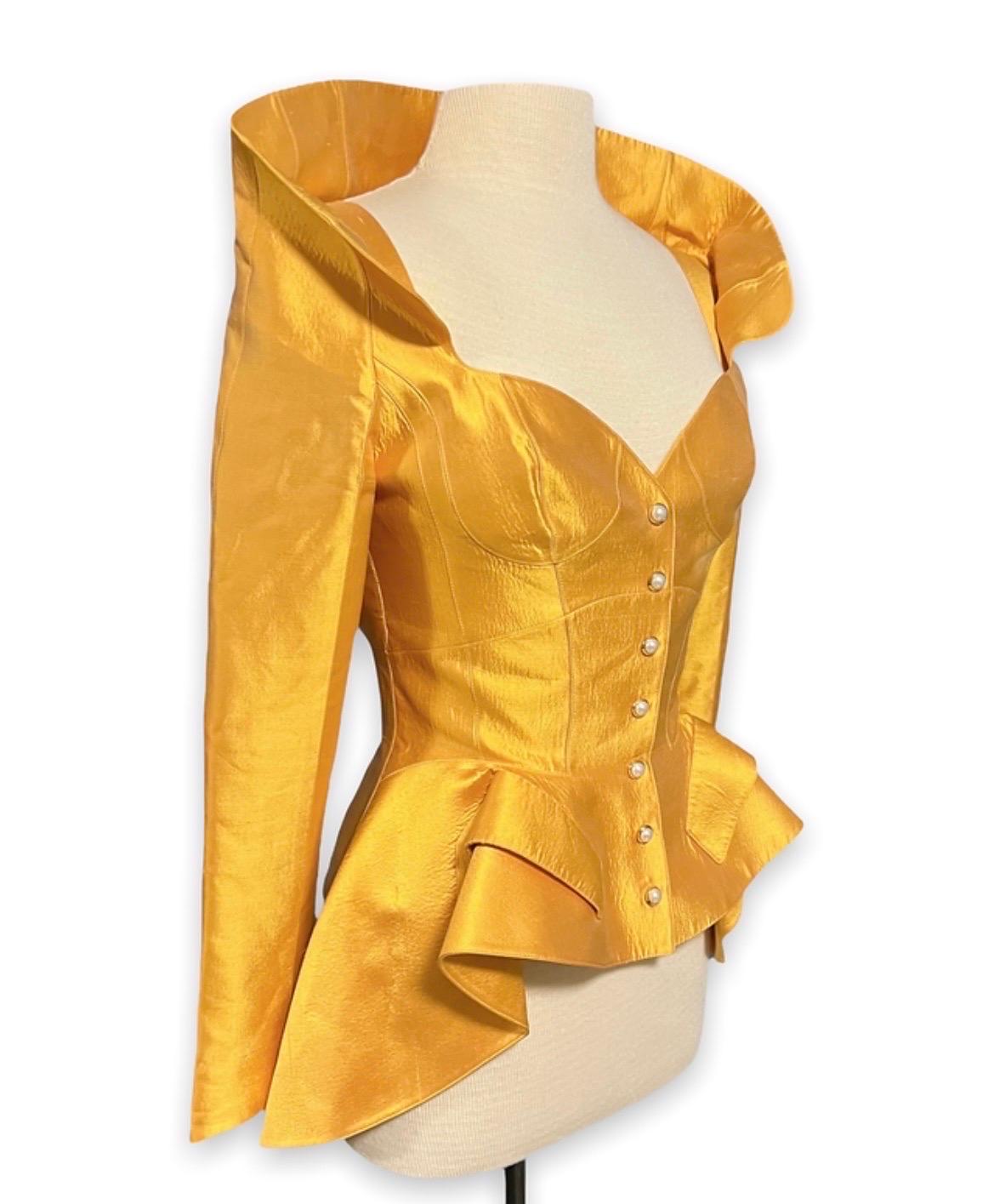 Women's F/W 1995 Thierry Mugler Haute Couture Gold Silk Runway Jacket seen on Kate Moss