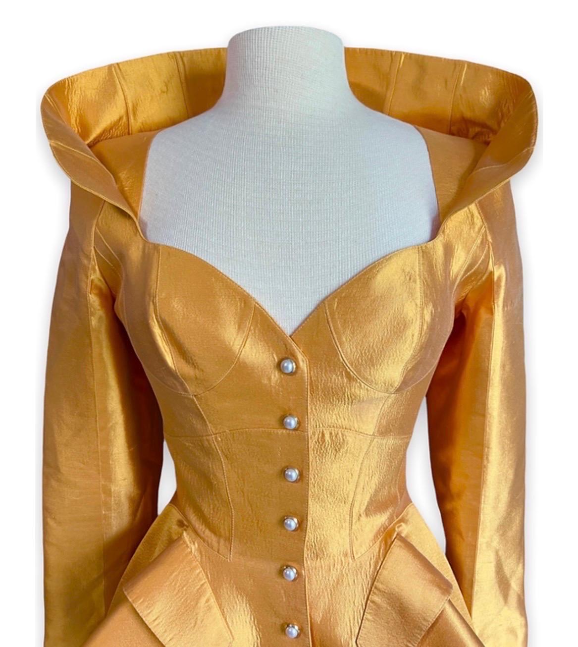 F/W 1995 Thierry Mugler Haute Couture Gold Silk Runway Jacket seen on Kate Moss 2