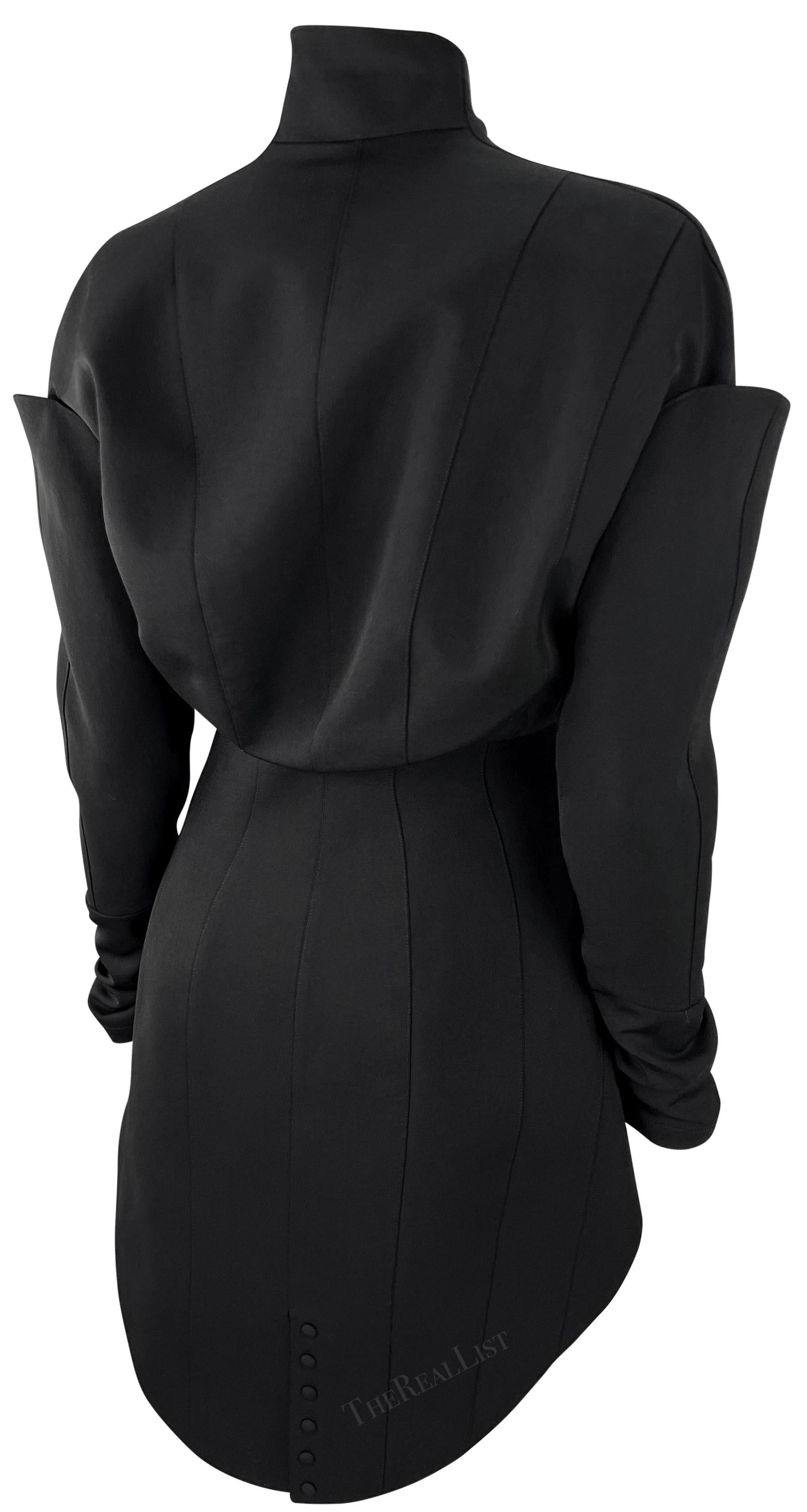 F/W 1995 Thierry Mugler Runway Ad Mini Skirt Sculptural Black Suit Velvet Trim For Sale 10