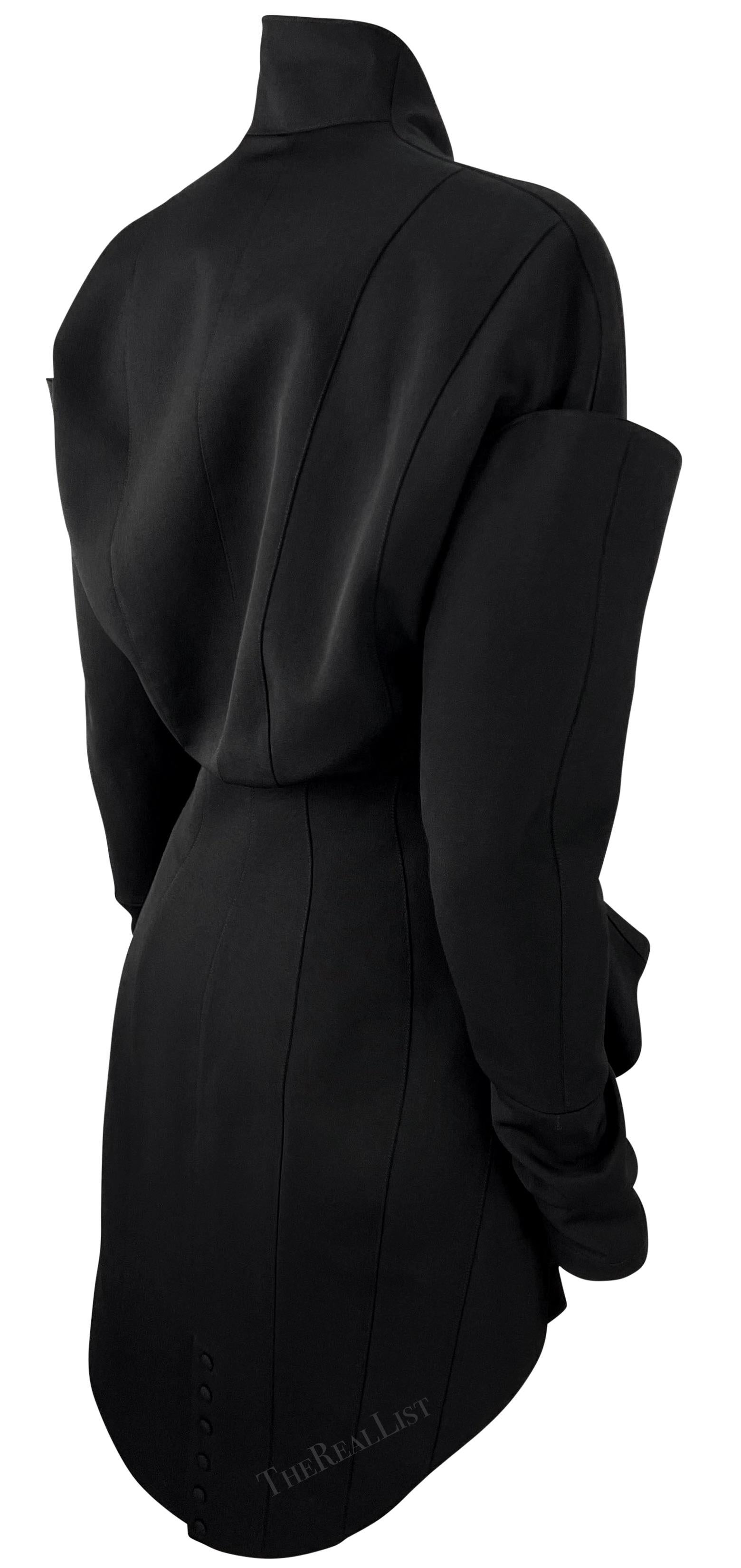 F/W 1995 Thierry Mugler Runway Ad Mini Skirt Sculptural Black Suit Velvet Trim For Sale 11