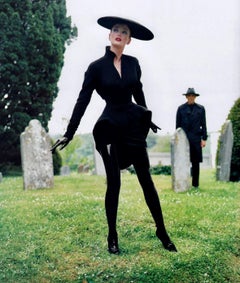 F/W 1995 Thierry Mugler Runway Ad Mini Skirt Sculptural Black Suit Velvet Trim