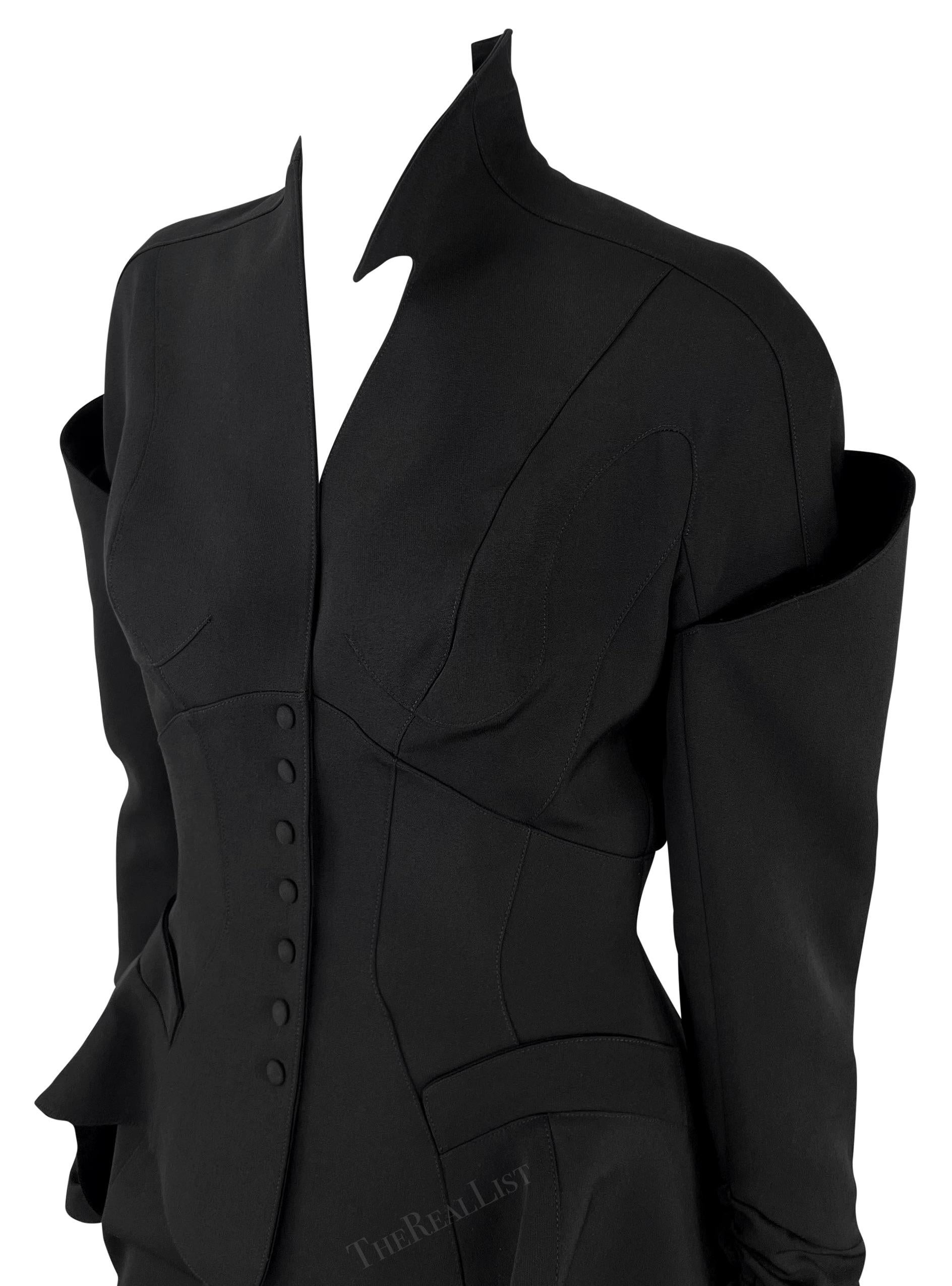 F/W 1995 Thierry Mugler Runway Ad Mini Skirt Sculptural Black Suit Velvet Trim For Sale 3