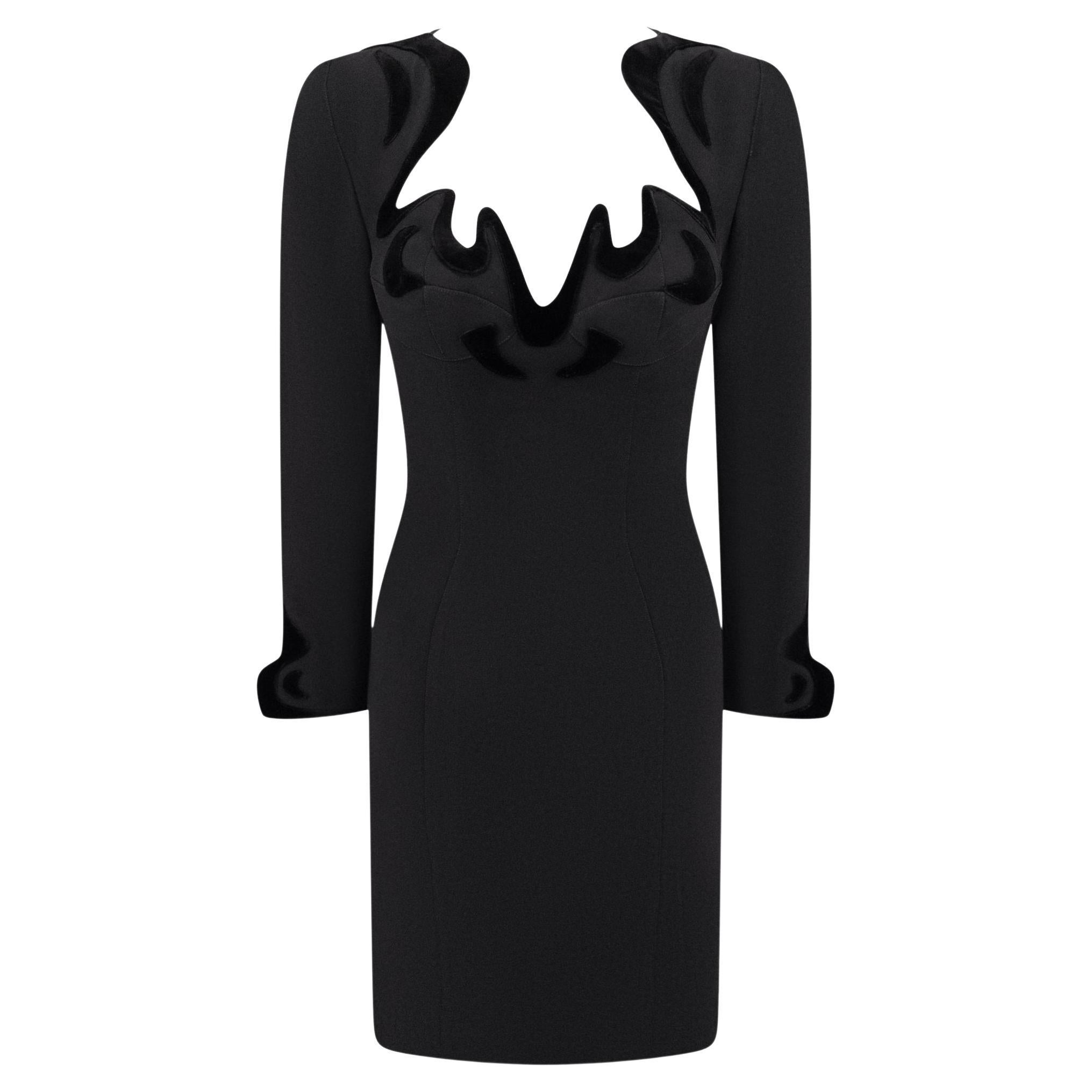 F/W 1995 Thierry Mugler Sculpted Anatomical Long Sleeve Black Dress F36