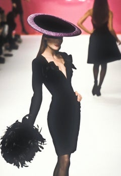 F/W 1995 Yves Saint Laurent Runway Deep Blue Velvet Plunging Bow Mini Dress