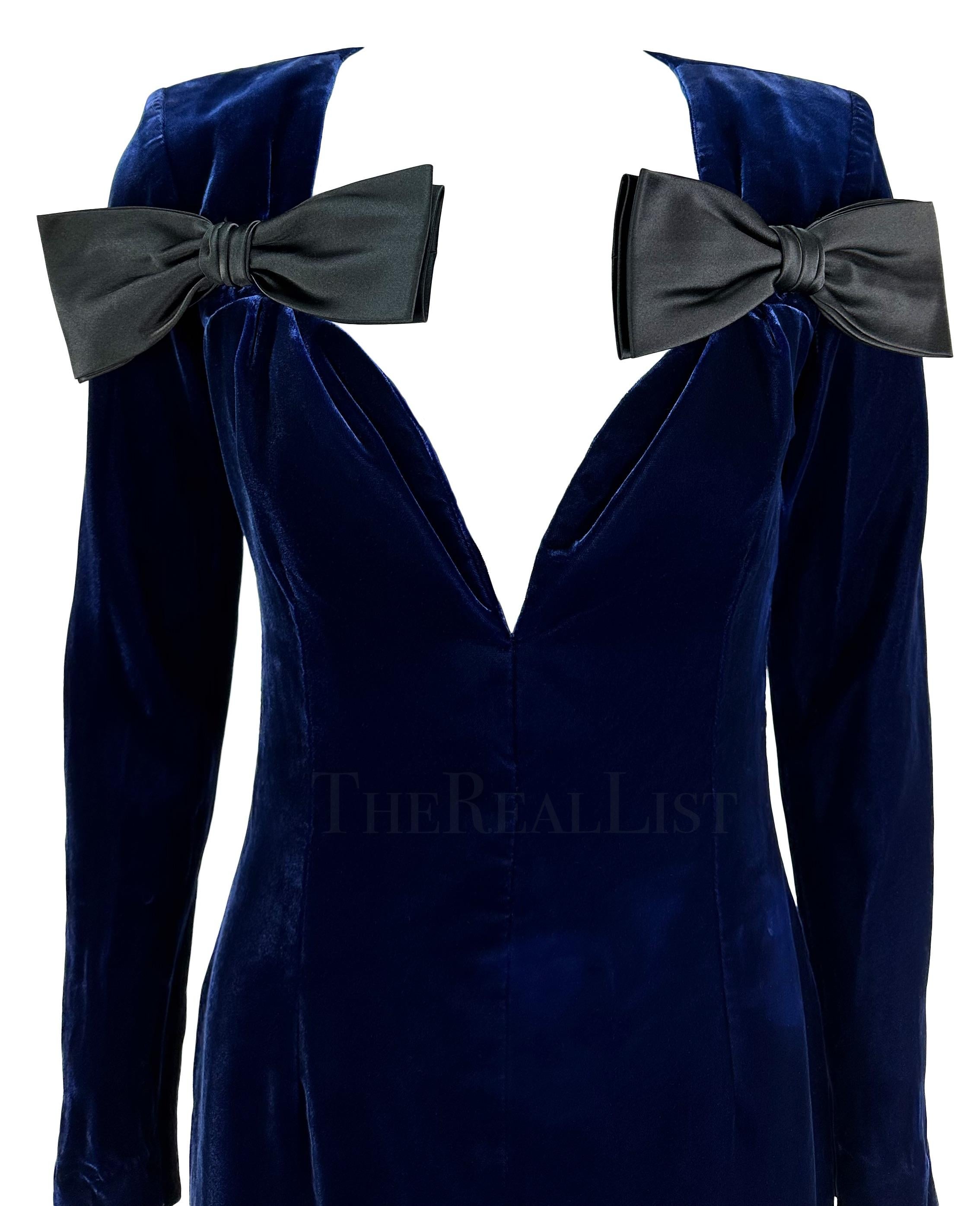 Black F/W 1995 Yves Saint Laurent Runway Deep Blue Velvet Plunging Bow Mini Dress For Sale