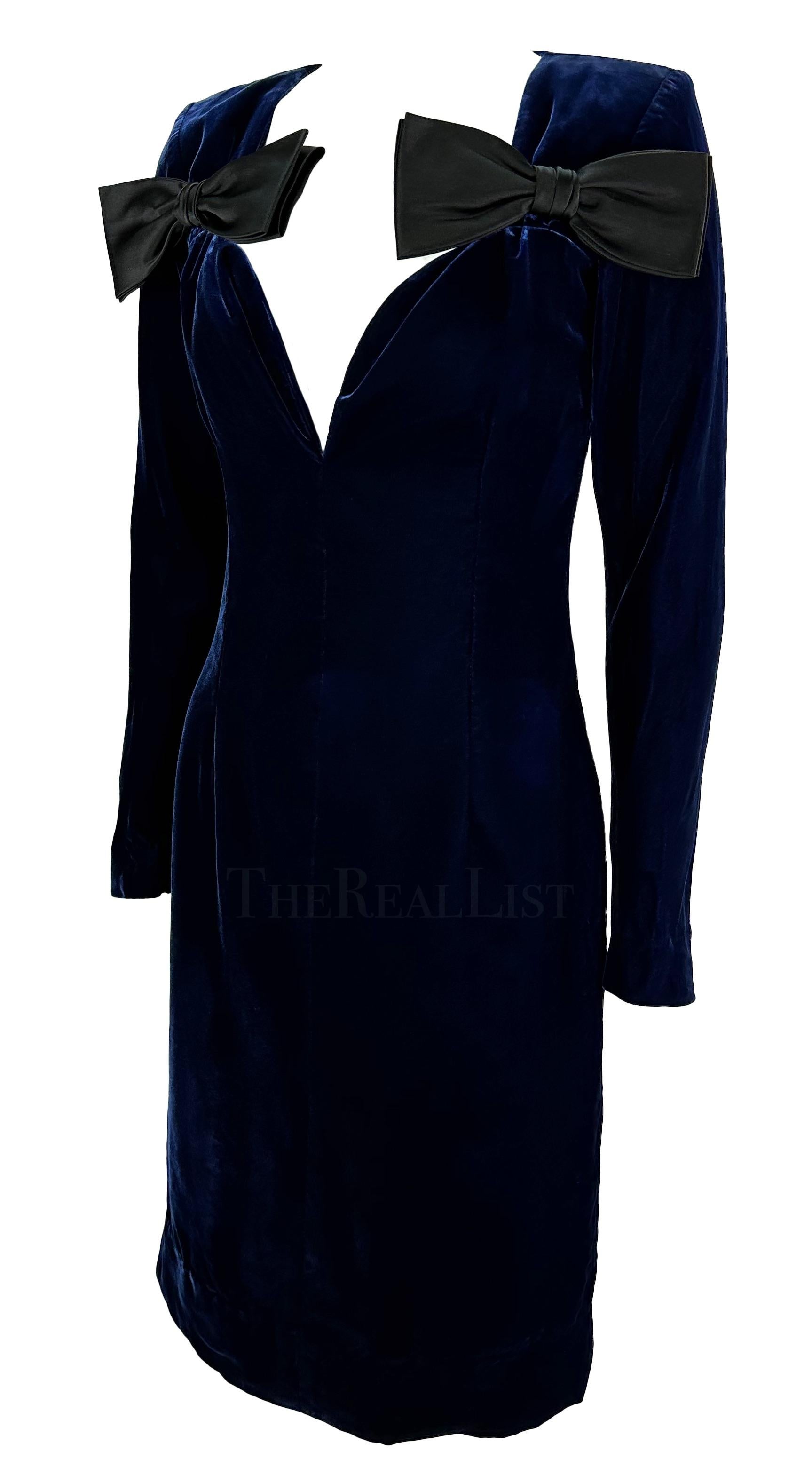 F/W 1995 Yves Saint Laurent Runway Deep Blue Velvet Plunging Bow Mini Dress For Sale 1
