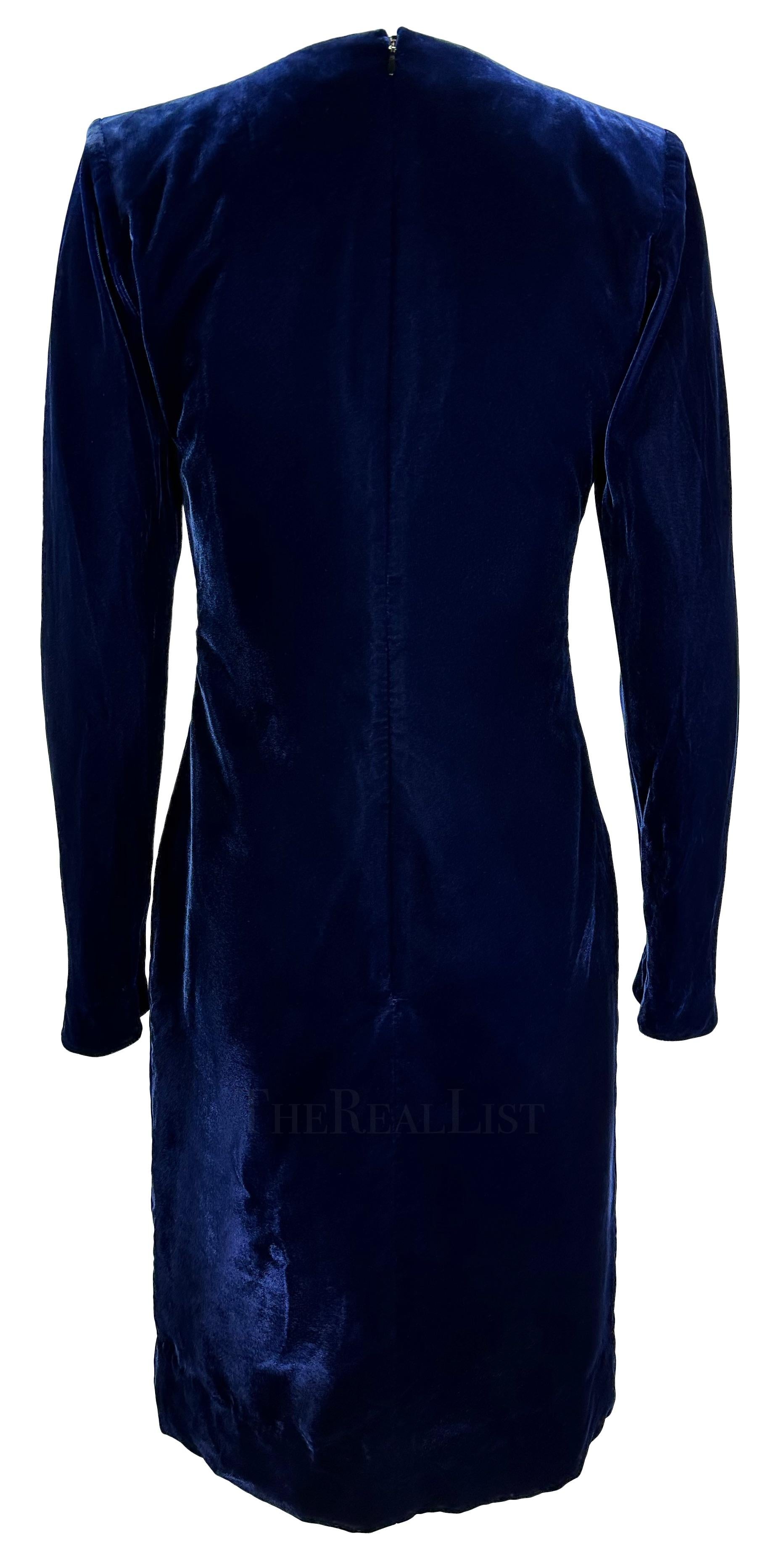 F/W 1995 Yves Saint Laurent Runway Deep Blue Velvet Plunging Bow Mini Dress For Sale 3