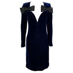 F/W 1995 Yves Saint Laurent Runway Deep Blue Velvet Plunging Bow Mini Dress