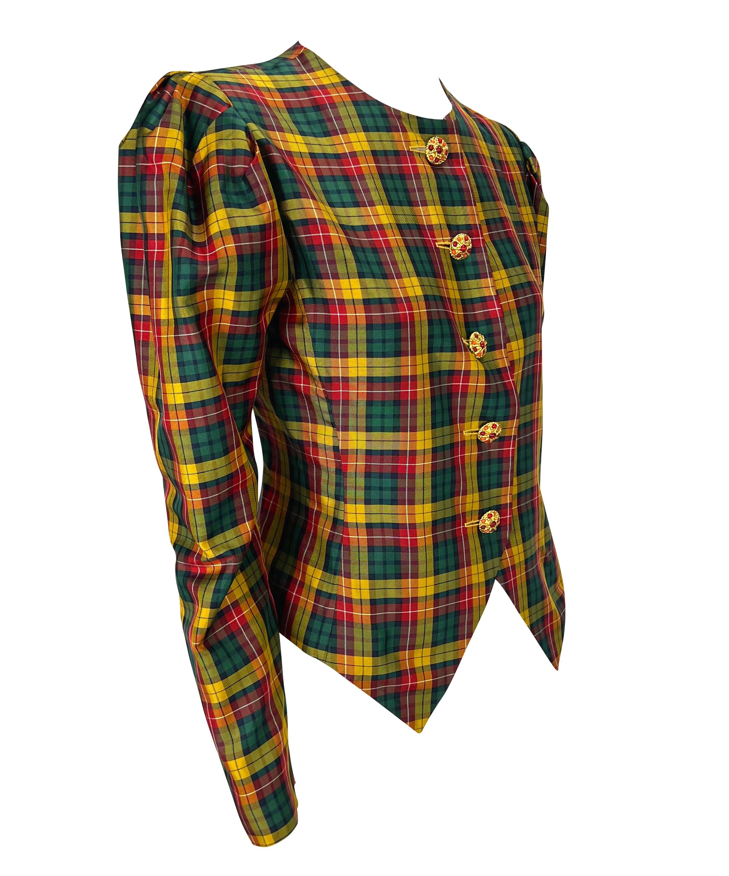 F/W 1995 Yves Saint Laurent Runway Red Yellow Check Silk Taffeta Blouse & Scarf For Sale 2