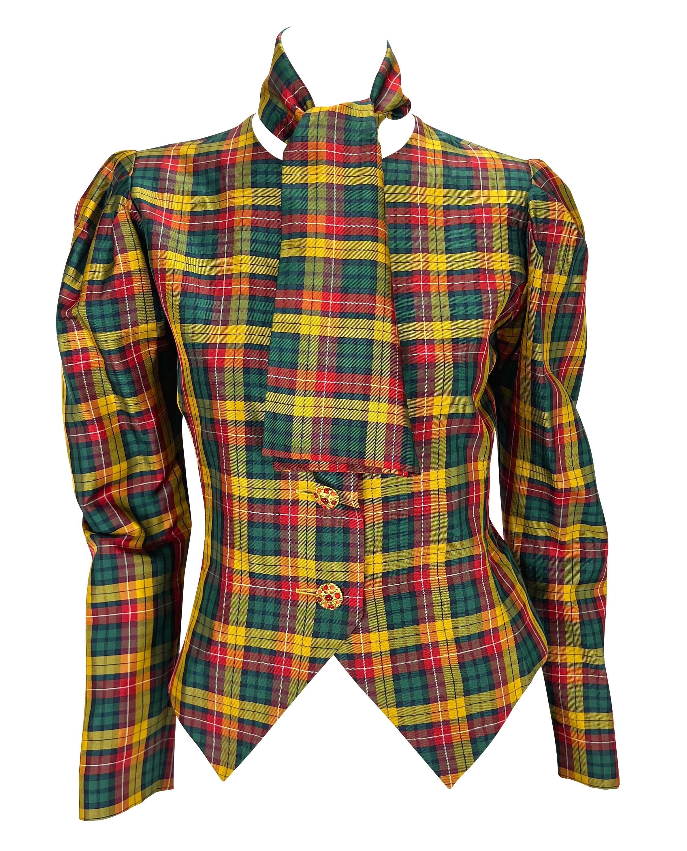 F/W 1995 Yves Saint Laurent Runway Red Yellow Check Silk Taffeta Blouse & Scarf For Sale 3