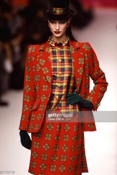 F/W 1995 Yves Saint Laurent Runway Red Yellow Check Silk Taffeta Blouse & Scarf