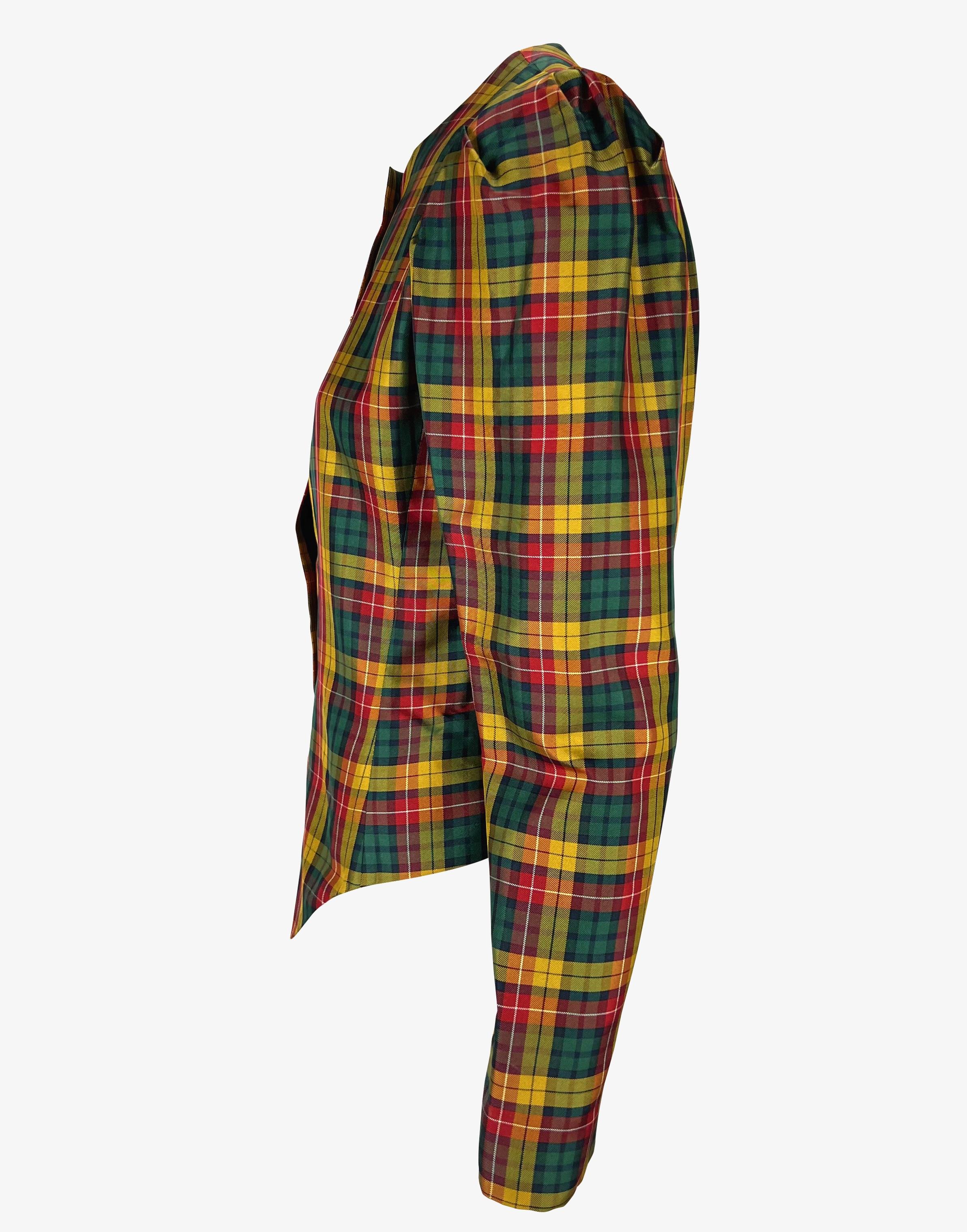Brown F/W 1995 Yves Saint Laurent Runway Red Yellow Check Silk Taffeta Blouse & Scarf For Sale