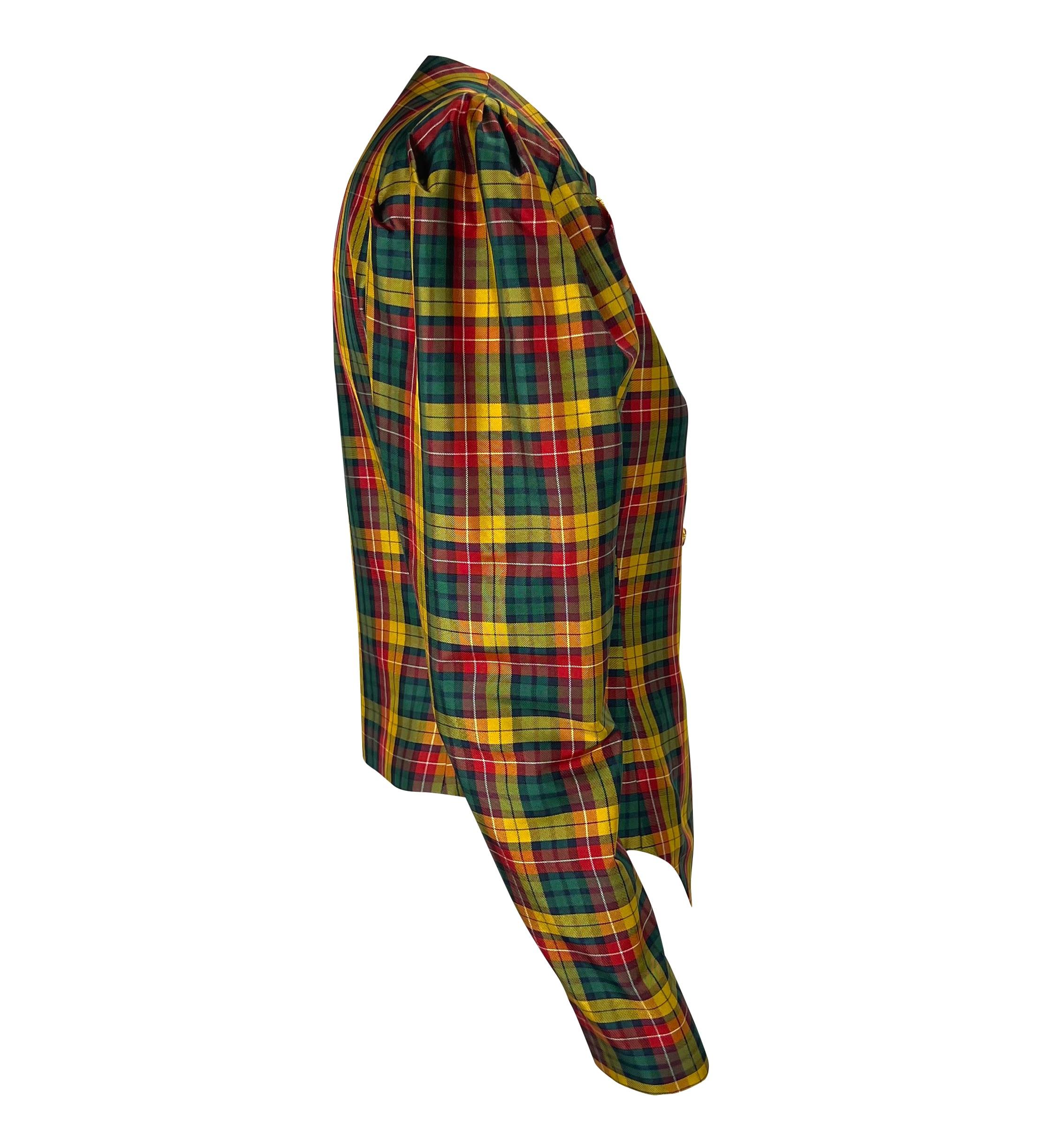 F/W 1995 Yves Saint Laurent Runway Red Yellow Check Silk Taffeta Blouse & Scarf For Sale 1