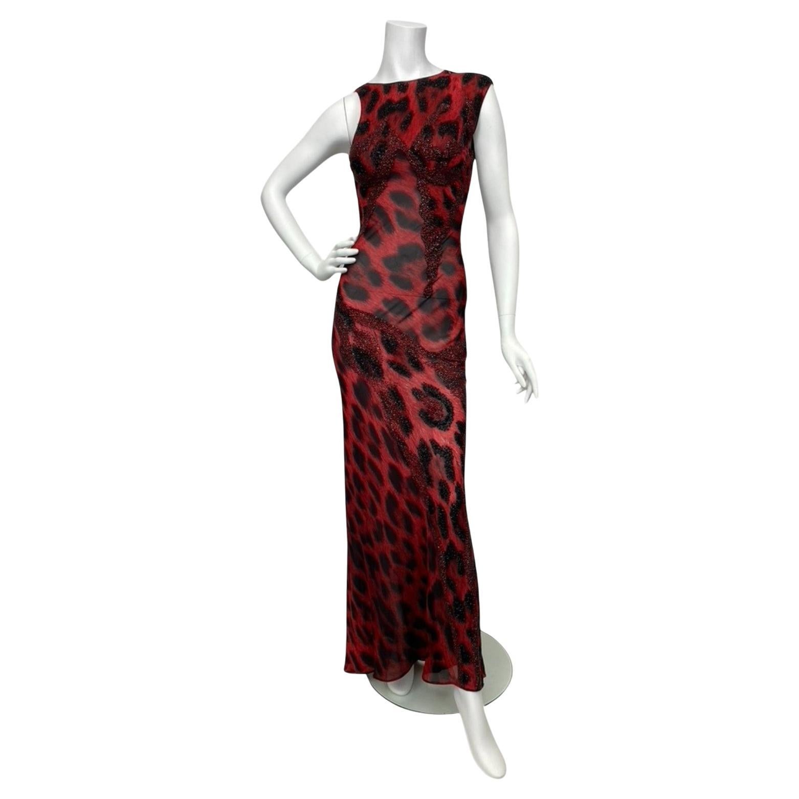 F/W 1996 Atelier Versace Red Leopard Evening Gown Sz: 42 For Sale