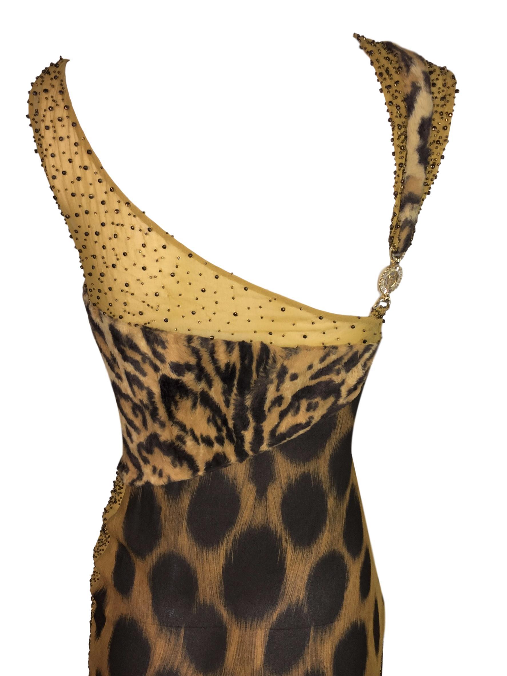 Brown F/W 1996 Atelier Versace Runway Gianni Sheer Faux Fur Leopard Beaded Gown Dress
