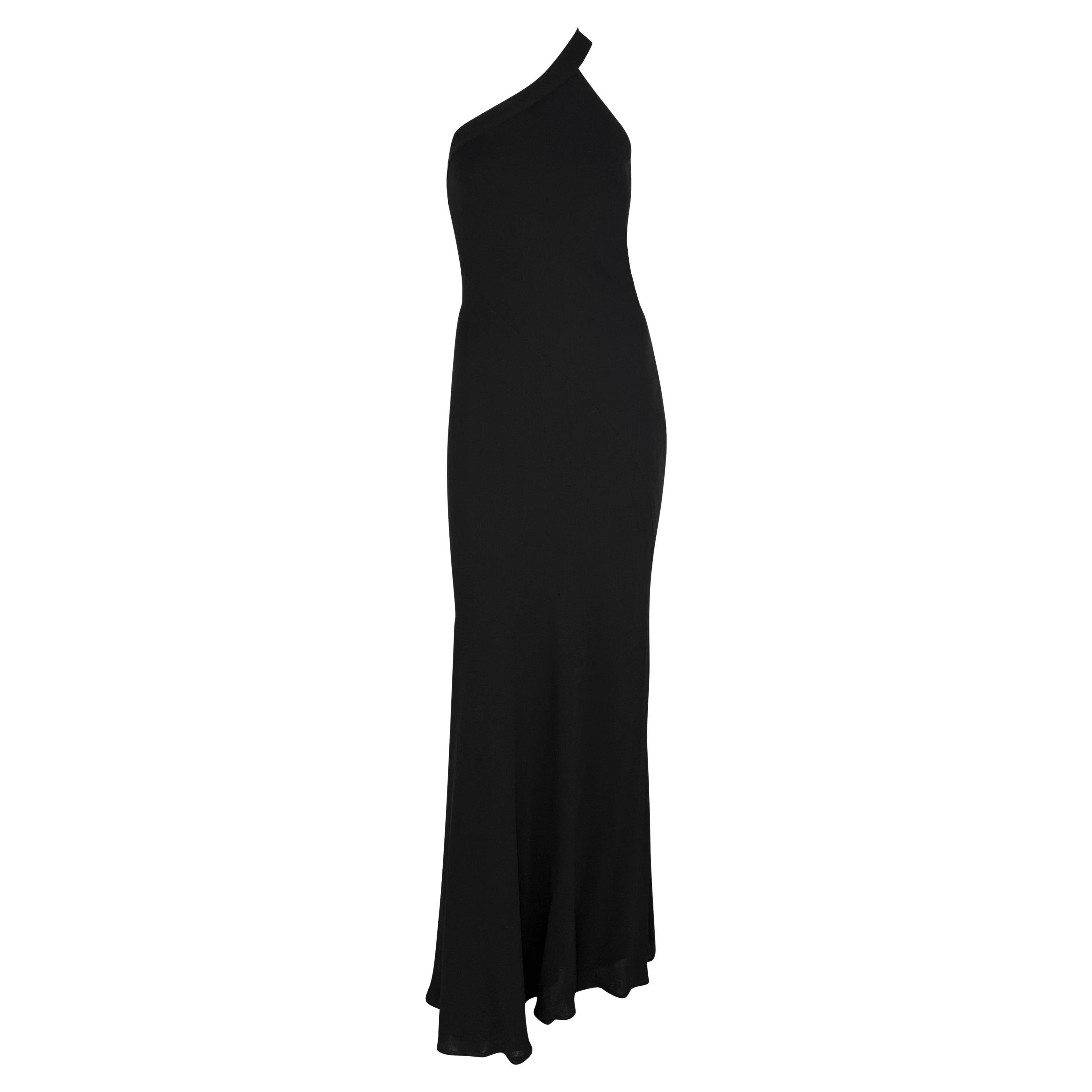 F/W 1996 Calvin Klein Runway Asymmetric Bodycon Columnn Black Viscose Gown For Sale