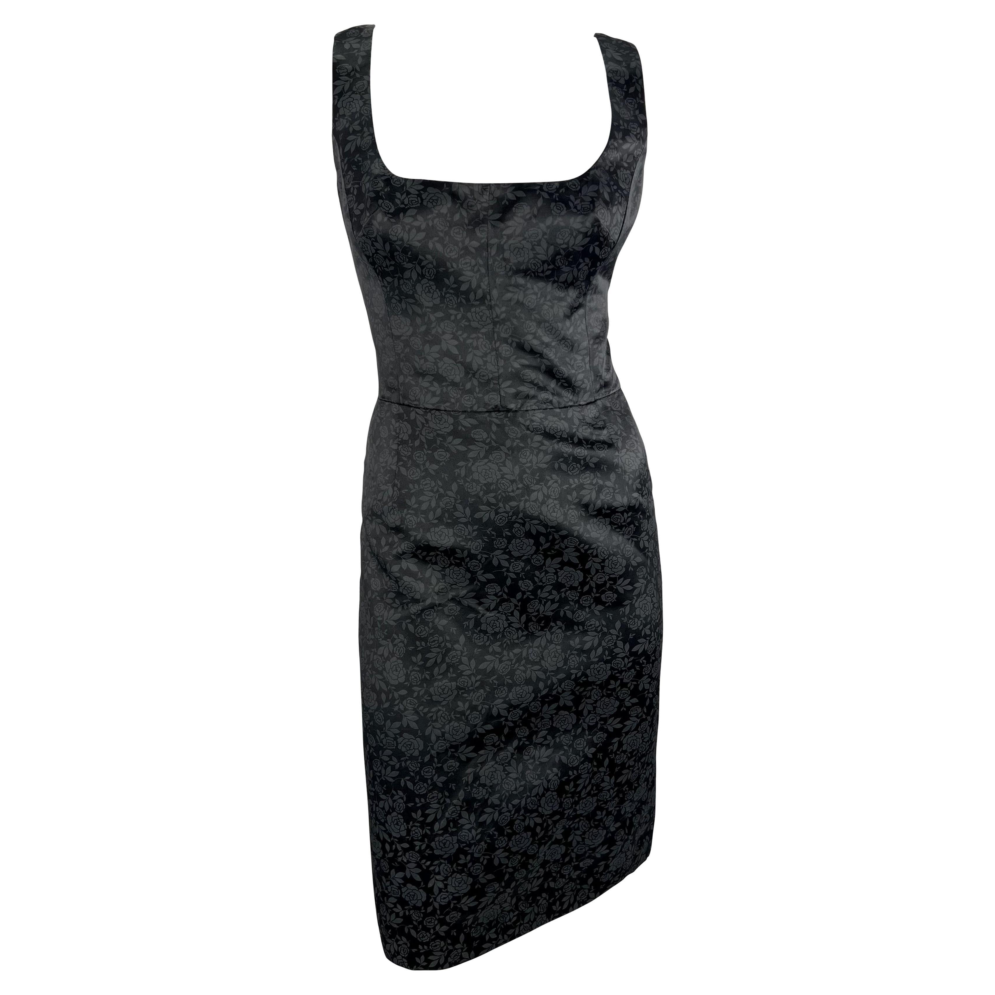 F/W 1996 Dolce & Gabbana Mini robe sans manches en satin noir imprimé rose anthracite en vente