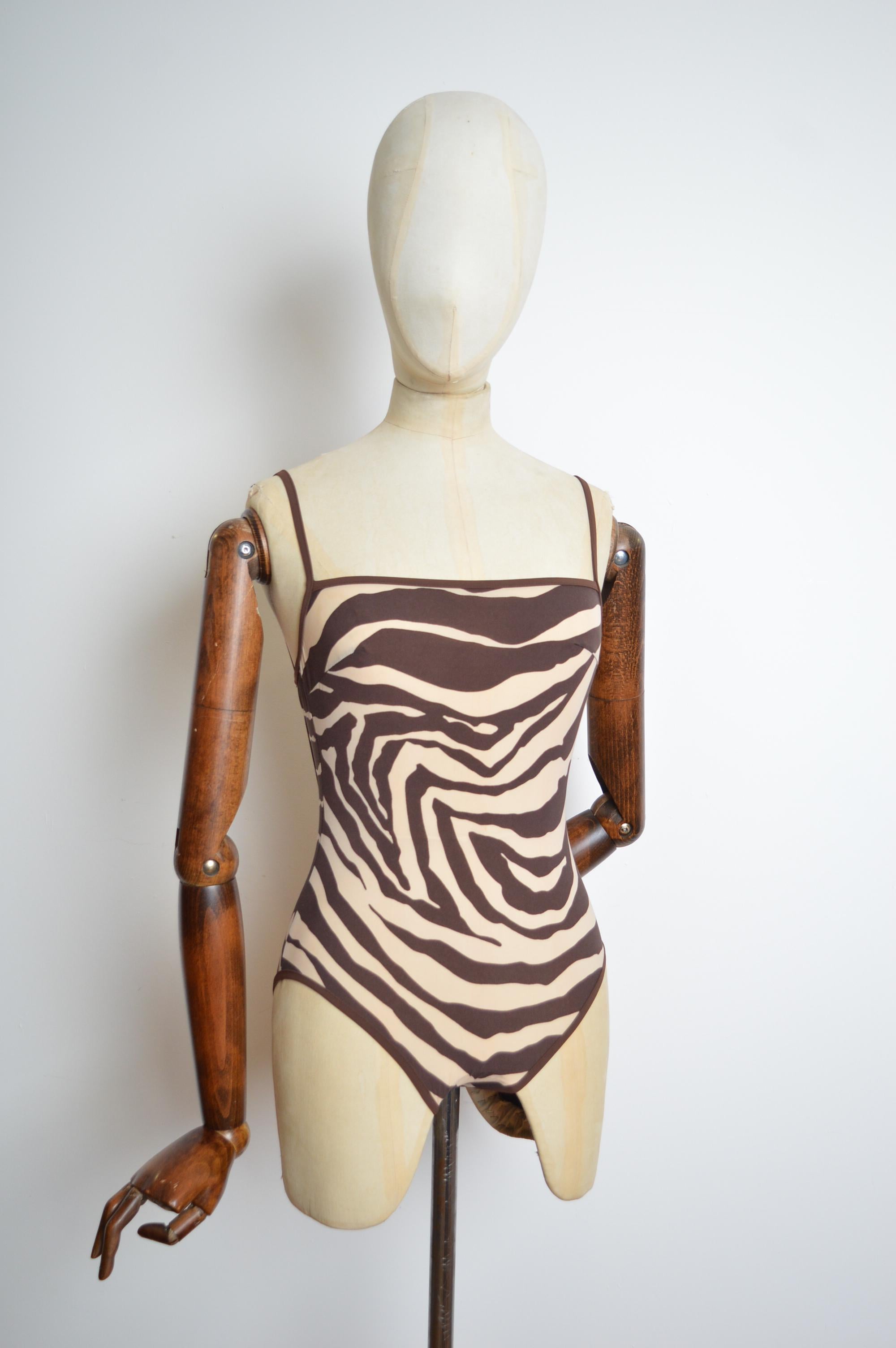 Women's F/W 1996 DOLCE & GABBANA Brown & Cream Zebra Swimsuit One Piece Body For Sale