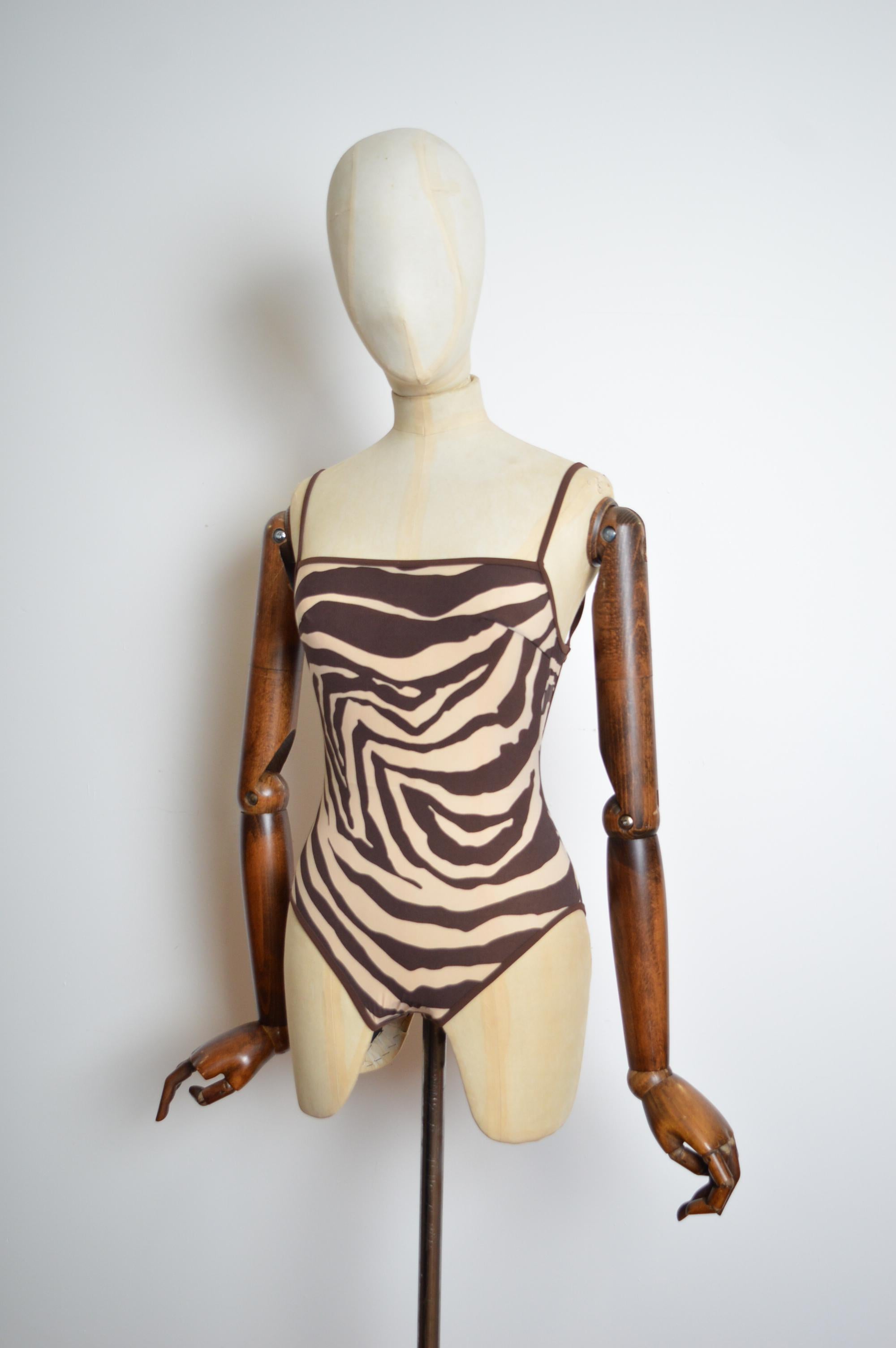 F/W 1996 DOLCE & GABBANA Brown & Cream Zebra Swimsuit One Piece Body For Sale 2