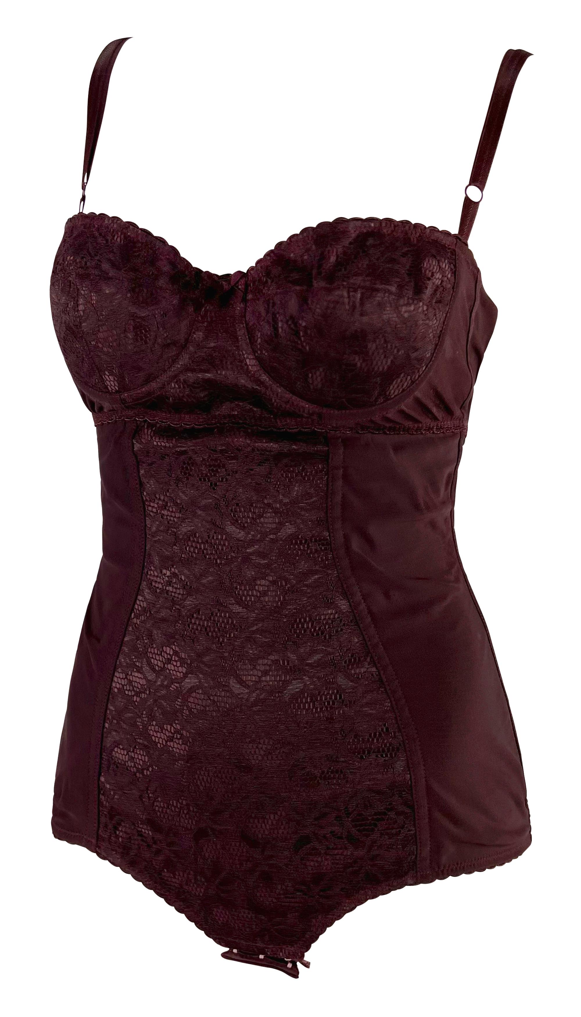 Black F/W 1996 Dolce & Gabbana Burgundy Lace Boned Bodysuit For Sale