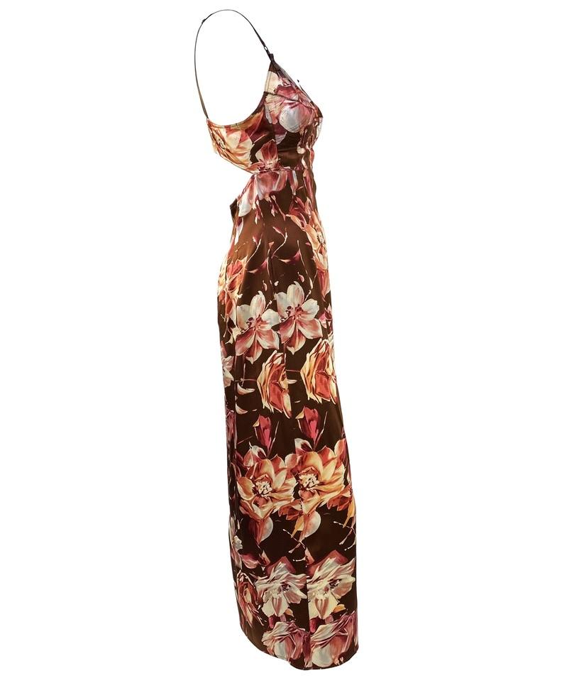 S/S 1997 Dolce & Gabbana Floral Brown Silk Bustier Strap Pin-Up Dress Excellent état - En vente à West Hollywood, CA