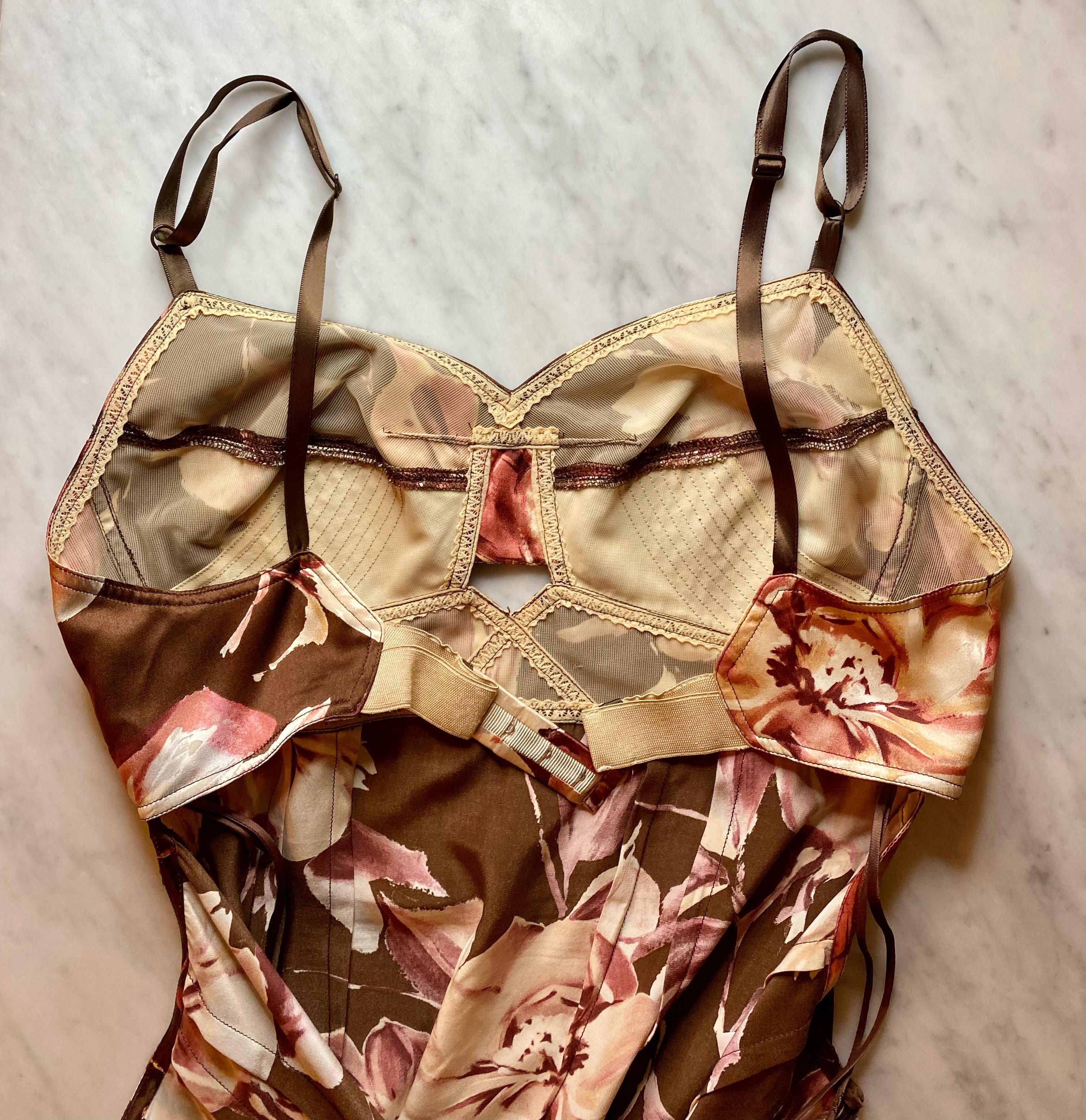 S/S 1997 Dolce & Gabbana Floral Brown Silk Bustier Strap Pin-Up Dress In Excellent Condition For Sale In West Hollywood, CA