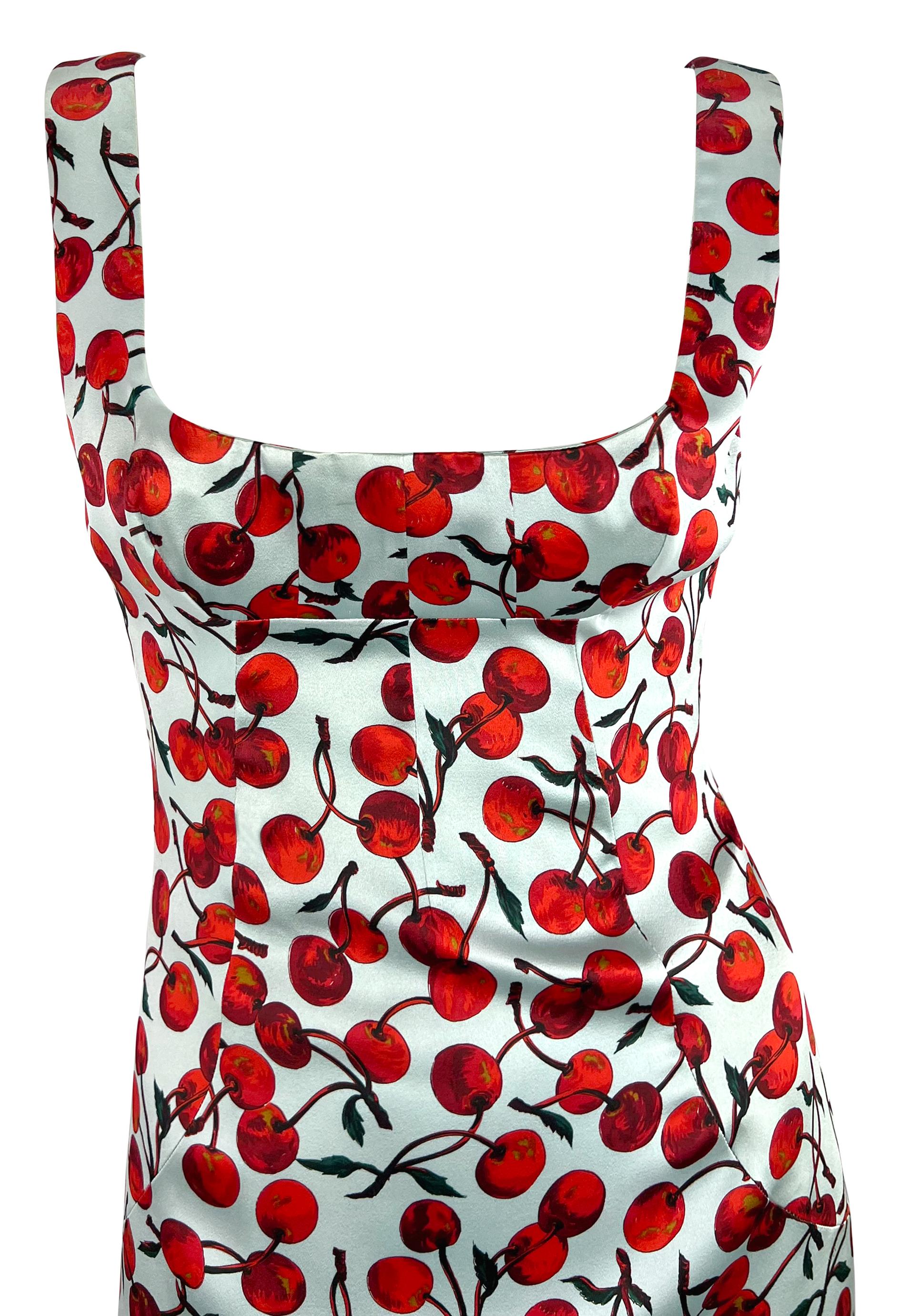 F/W 1996 Dolce & Gabbana Runway Light Blue Cherry Print Satin Pin-Up Dress In Good Condition In West Hollywood, CA