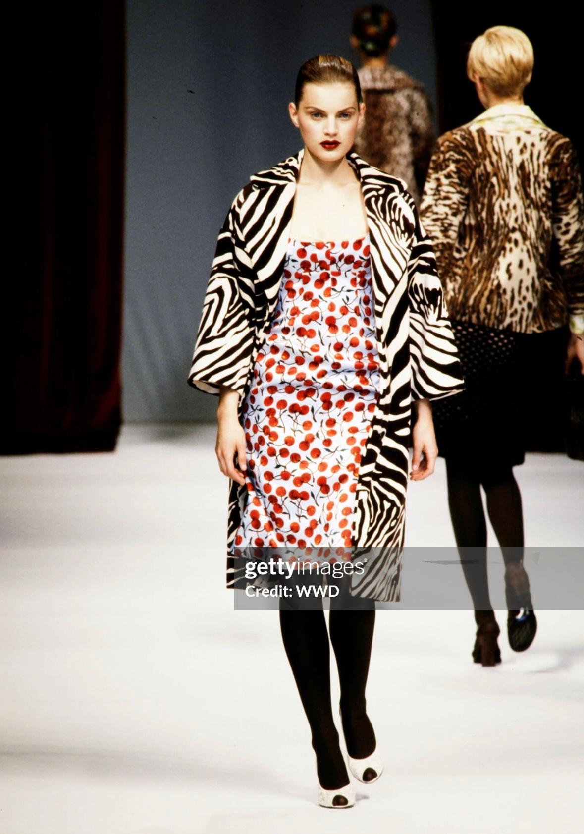 Women's F/W 1996 Dolce & Gabbana Runway Light Blue Cherry Print Satin Pin-Up Dress