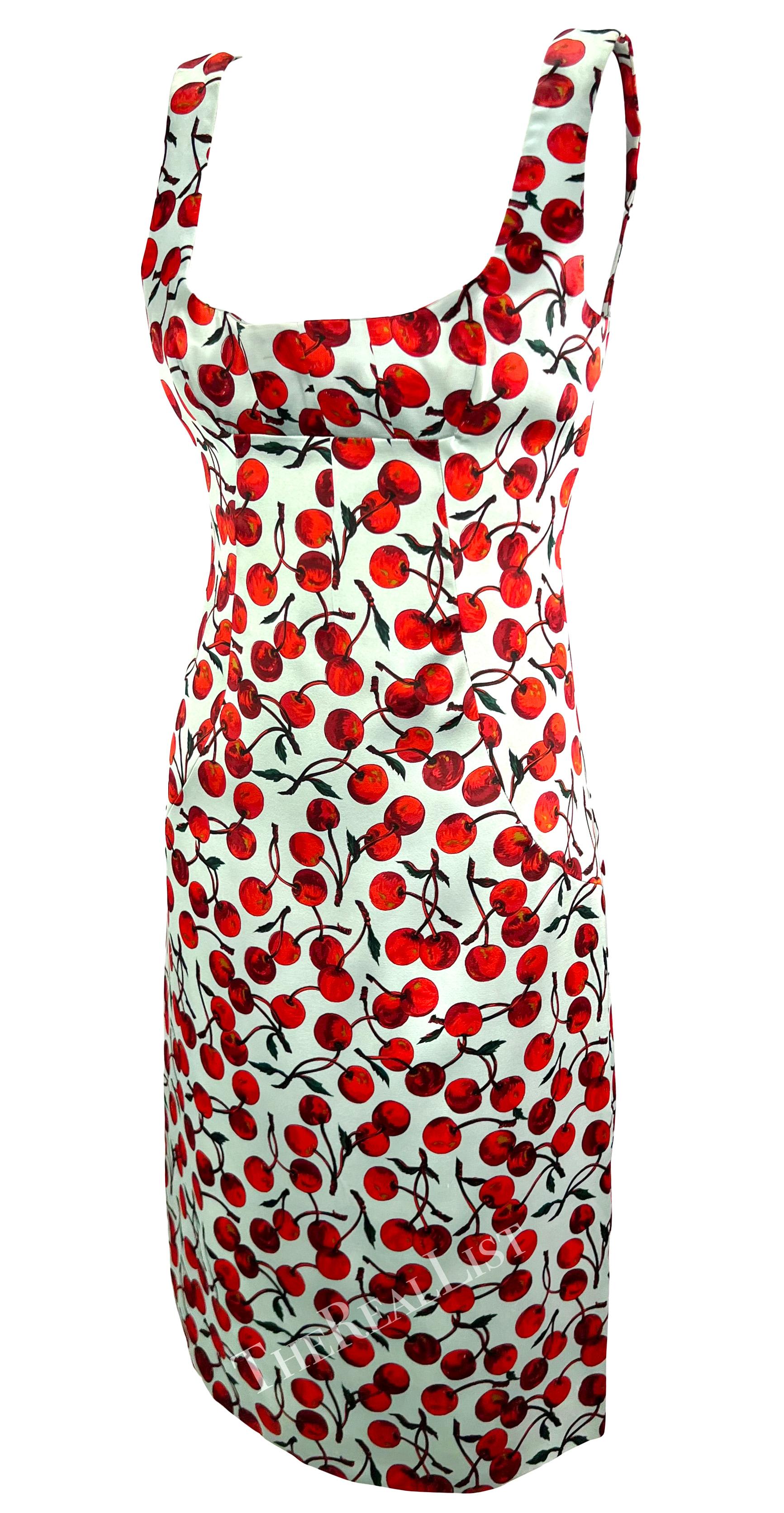 F/W 1996 Dolce & Gabbana Runway Light Blue Cherry Print Satin Pin-Up Dress 1