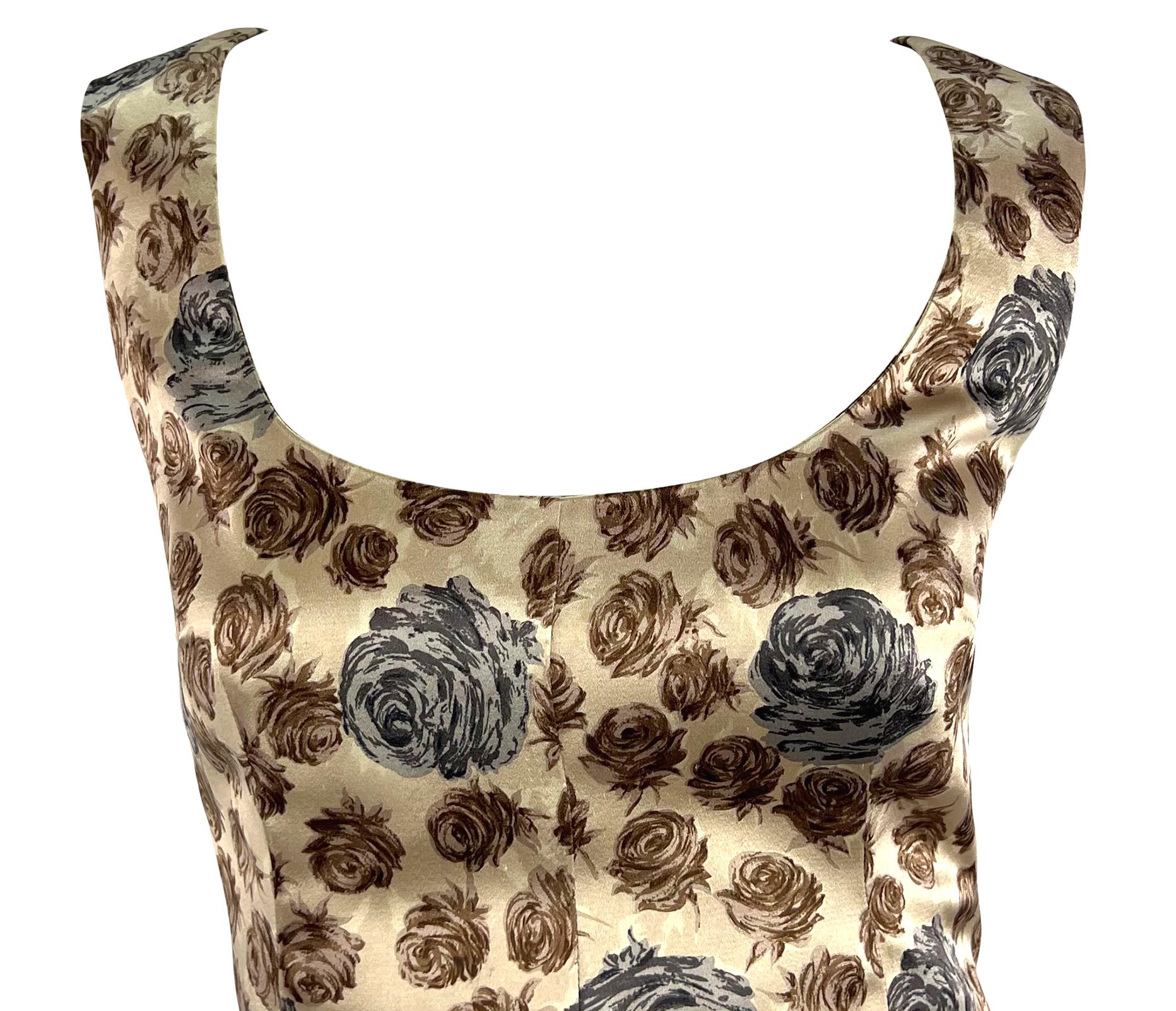 F/W 1996 Dolce & Gabbana Runway Taupe Rose Print Satin Sleeveless Dress In Excellent Condition For Sale In West Hollywood, CA