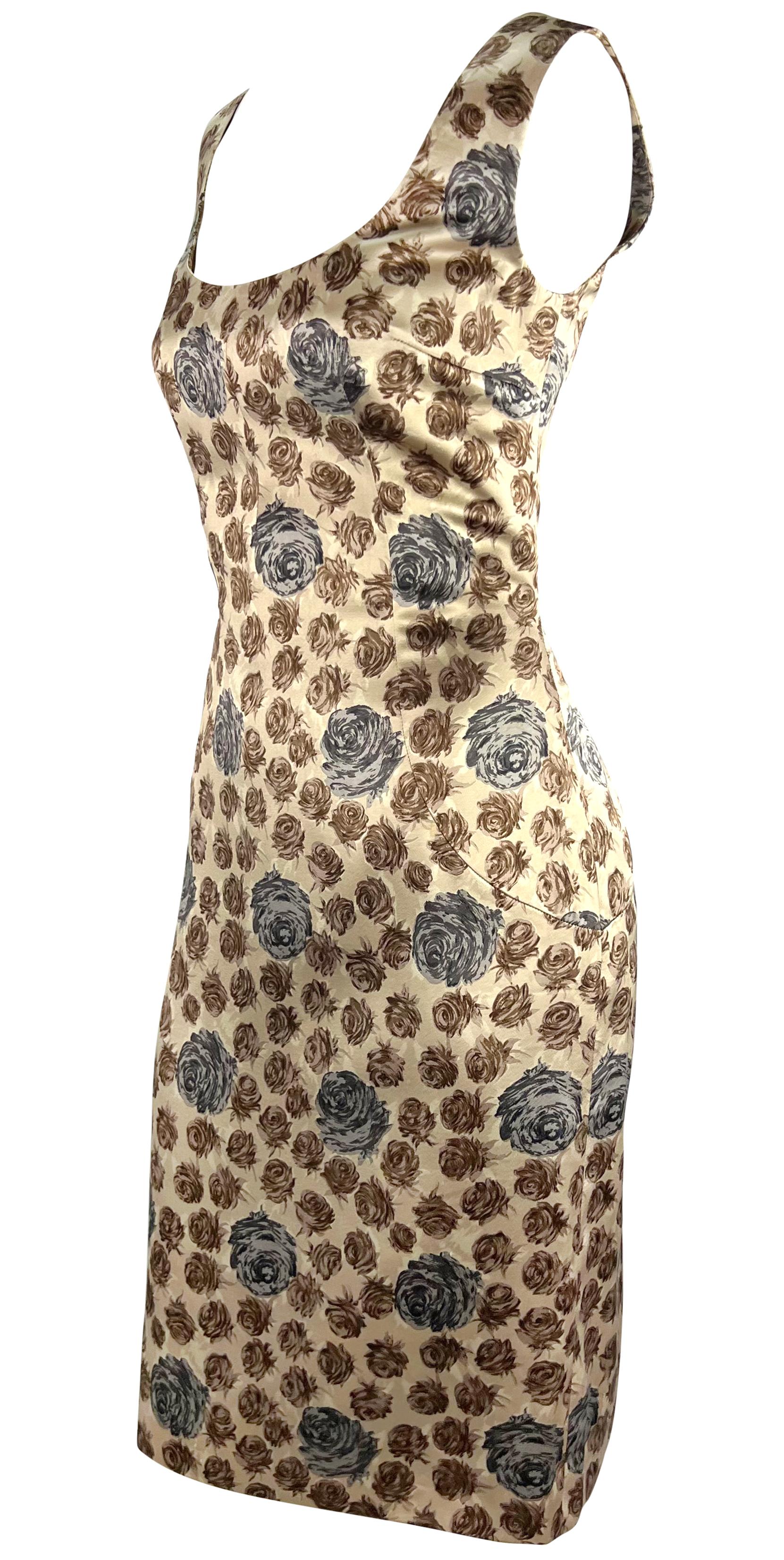 Women's F/W 1996 Dolce & Gabbana Runway Taupe Rose Print Satin Sleeveless Dress For Sale