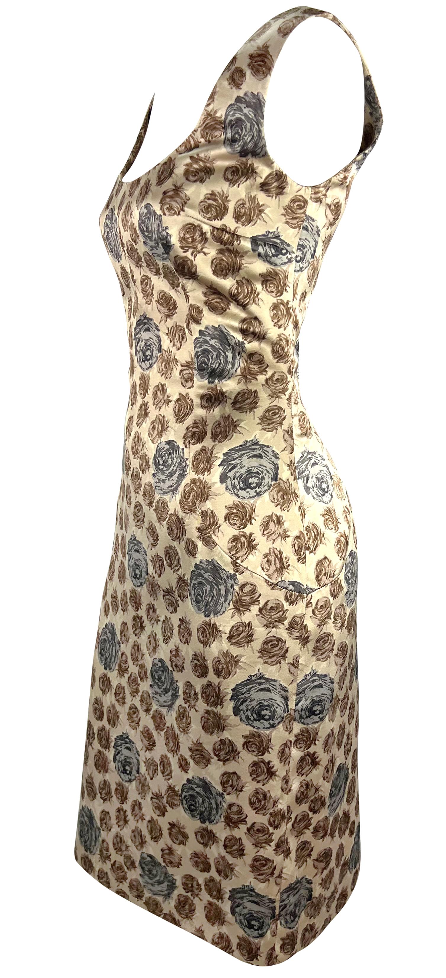 F/W 1996 Dolce & Gabbana Runway Taupe Rose Print Satin Sleeveless Dress For Sale 1