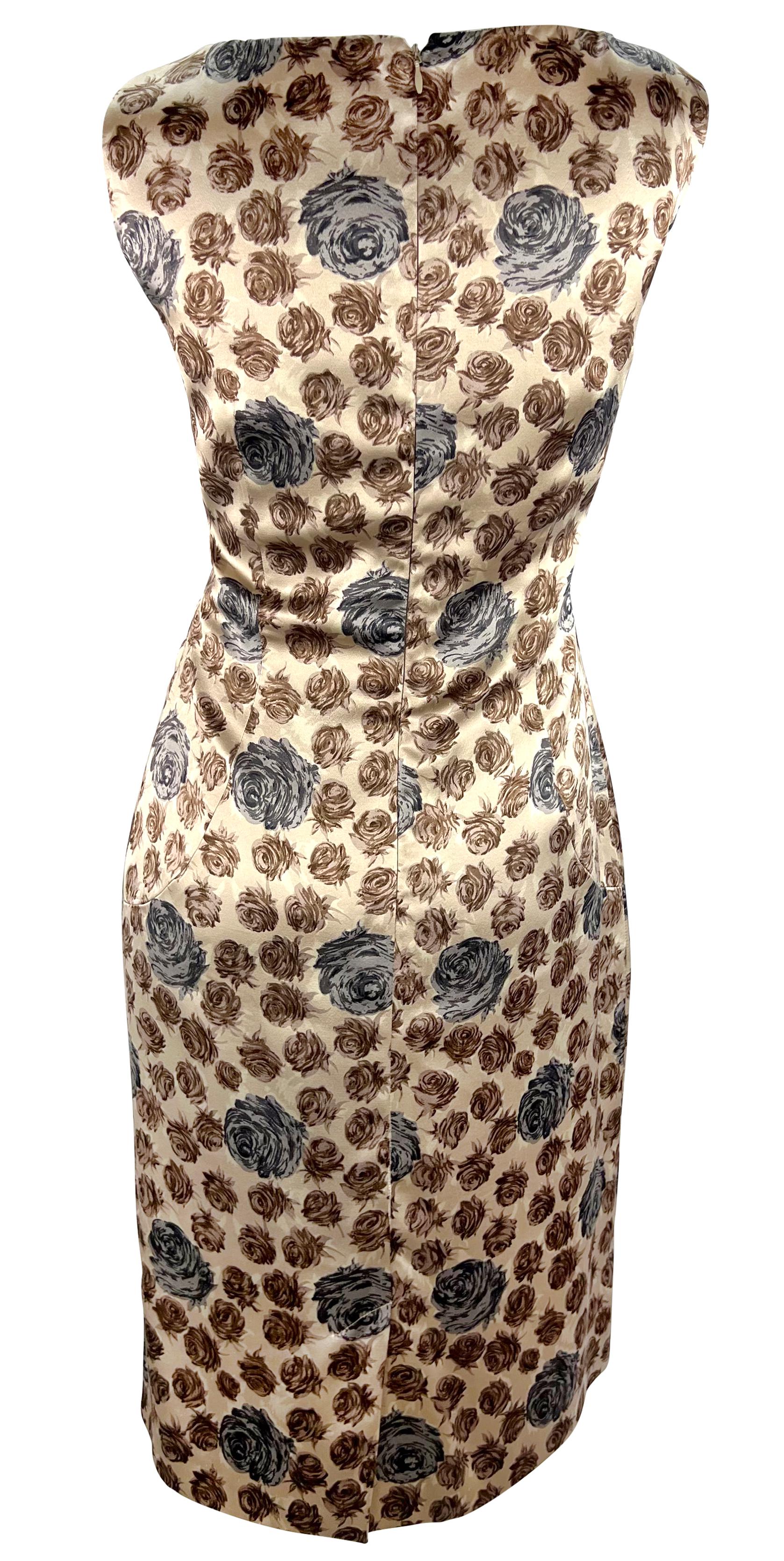 F/W 1996 Dolce & Gabbana Runway Taupe Rose Print Satin Sleeveless Dress For Sale 2