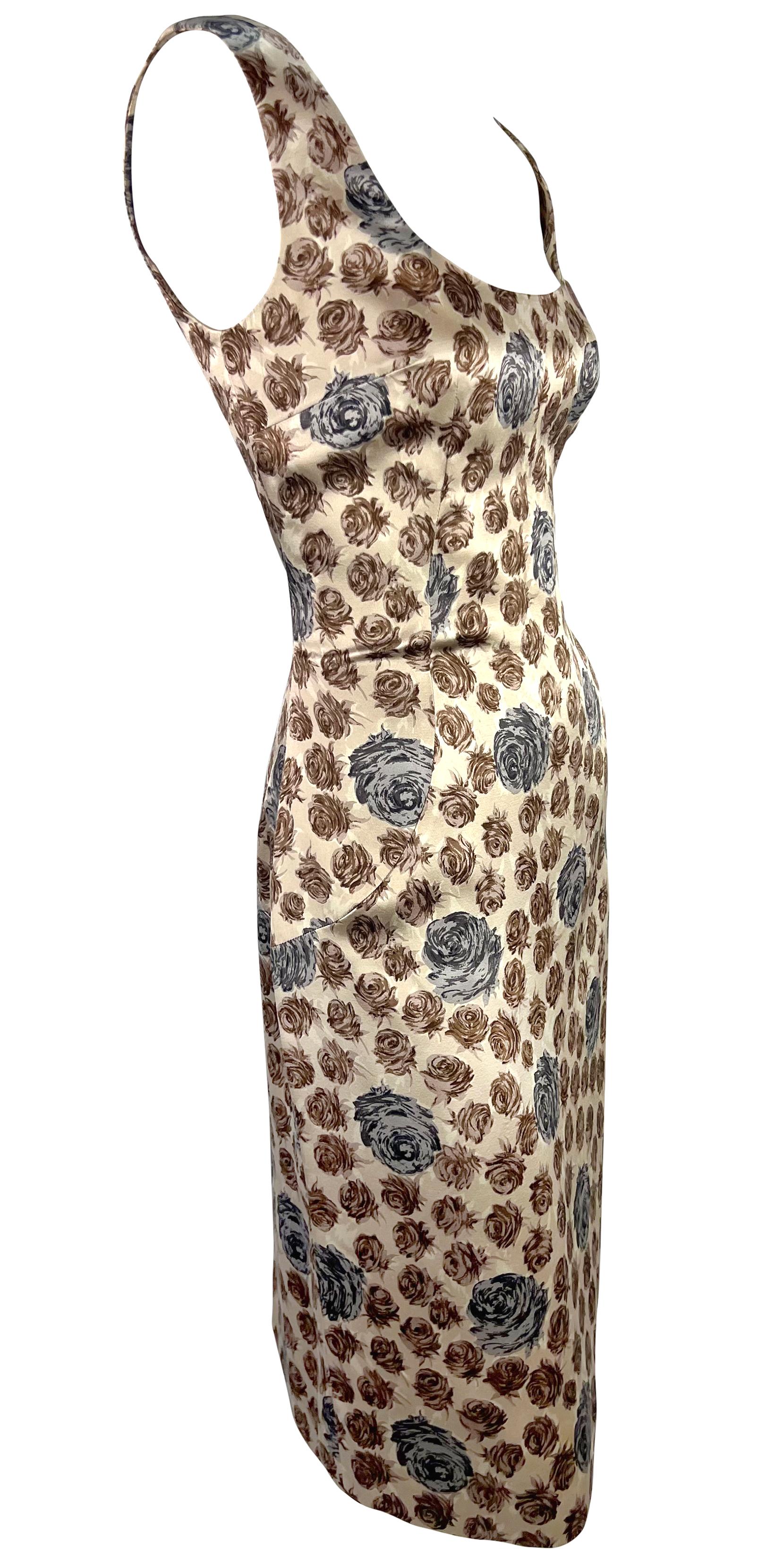 F/W 1996 Dolce & Gabbana Runway Taupe Rose Print Satin Sleeveless Dress For Sale 3