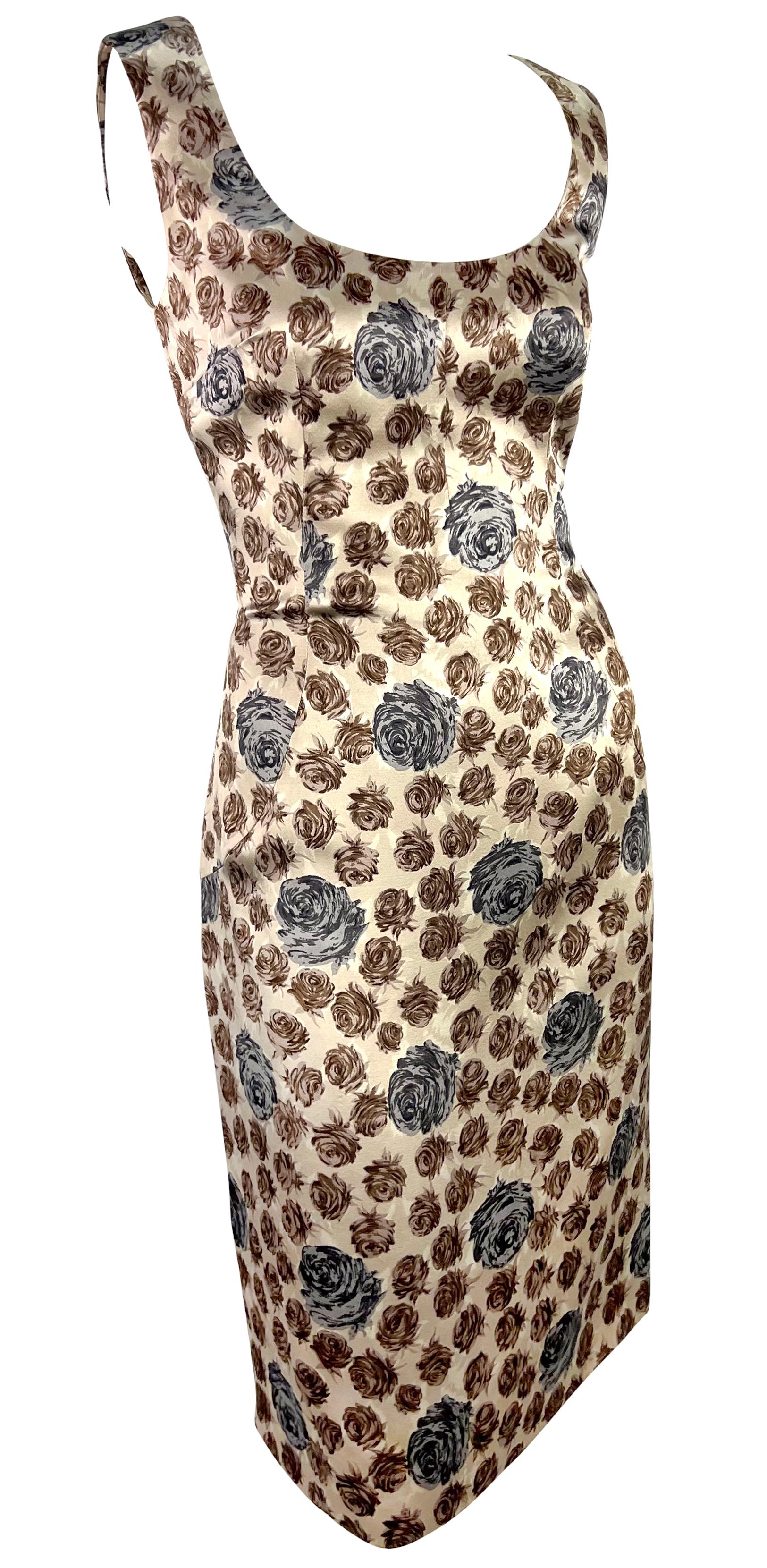 F/W 1996 Dolce & Gabbana Runway Taupe Rose Print Satin Sleeveless Dress For Sale 4