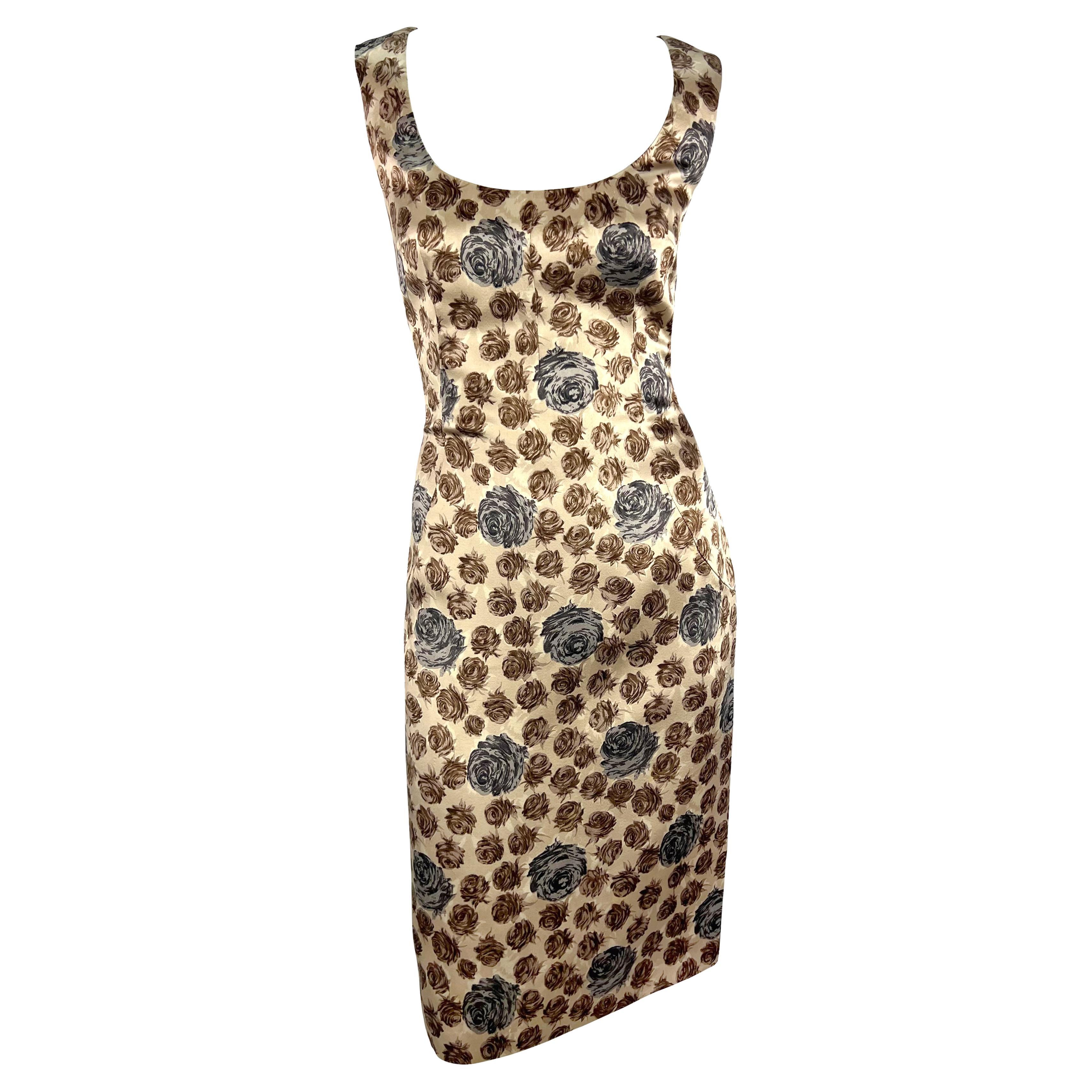 F/W 1996 Dolce & Gabbana Runway Taupe Rose Print Satin Sleeveless Dress For Sale